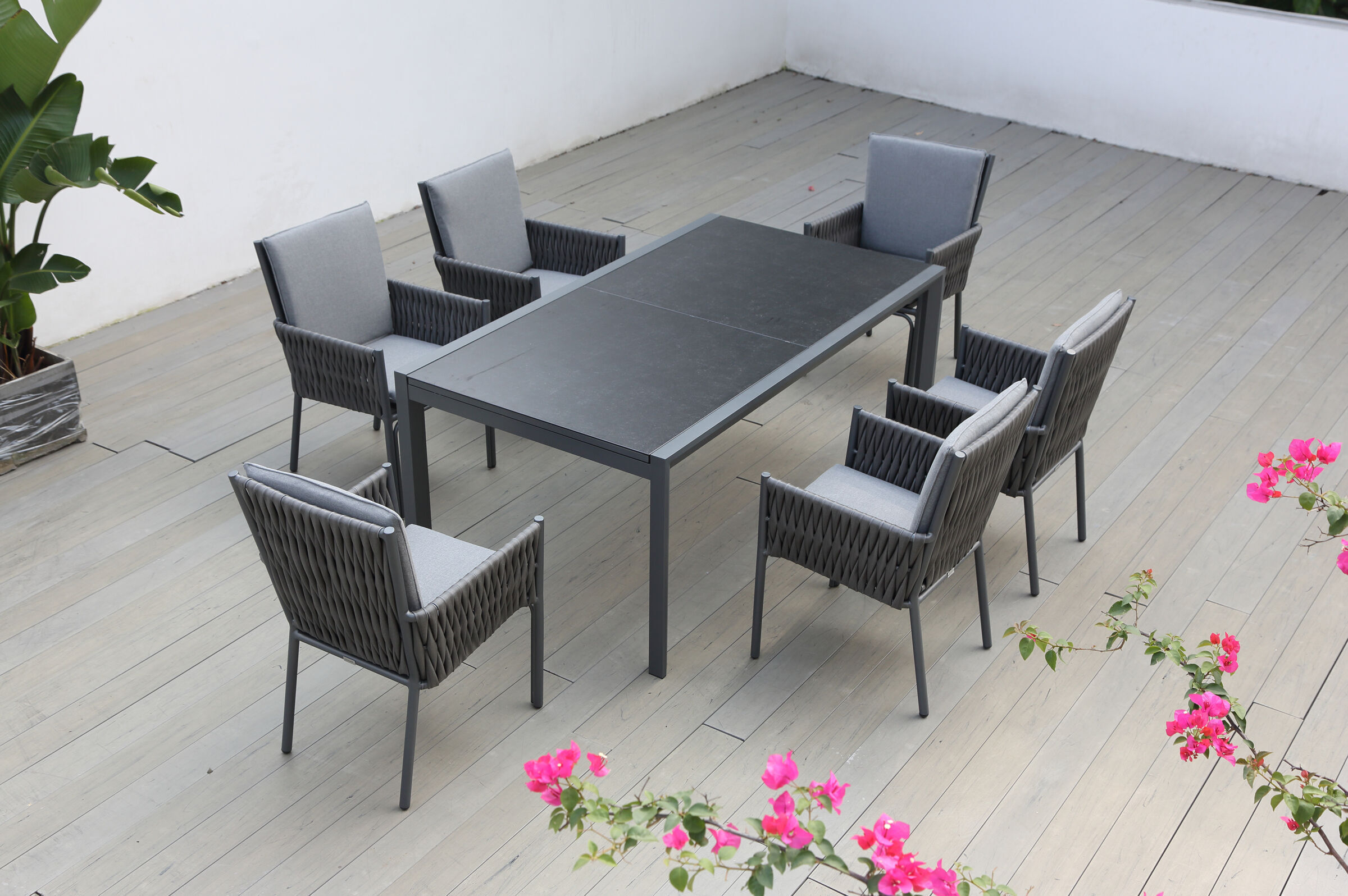 OUTFLEXX Garten-Essgruppe, anthrazit, Aluminium, Ausziehtisch 180/270×100 cm, 6 Sessel