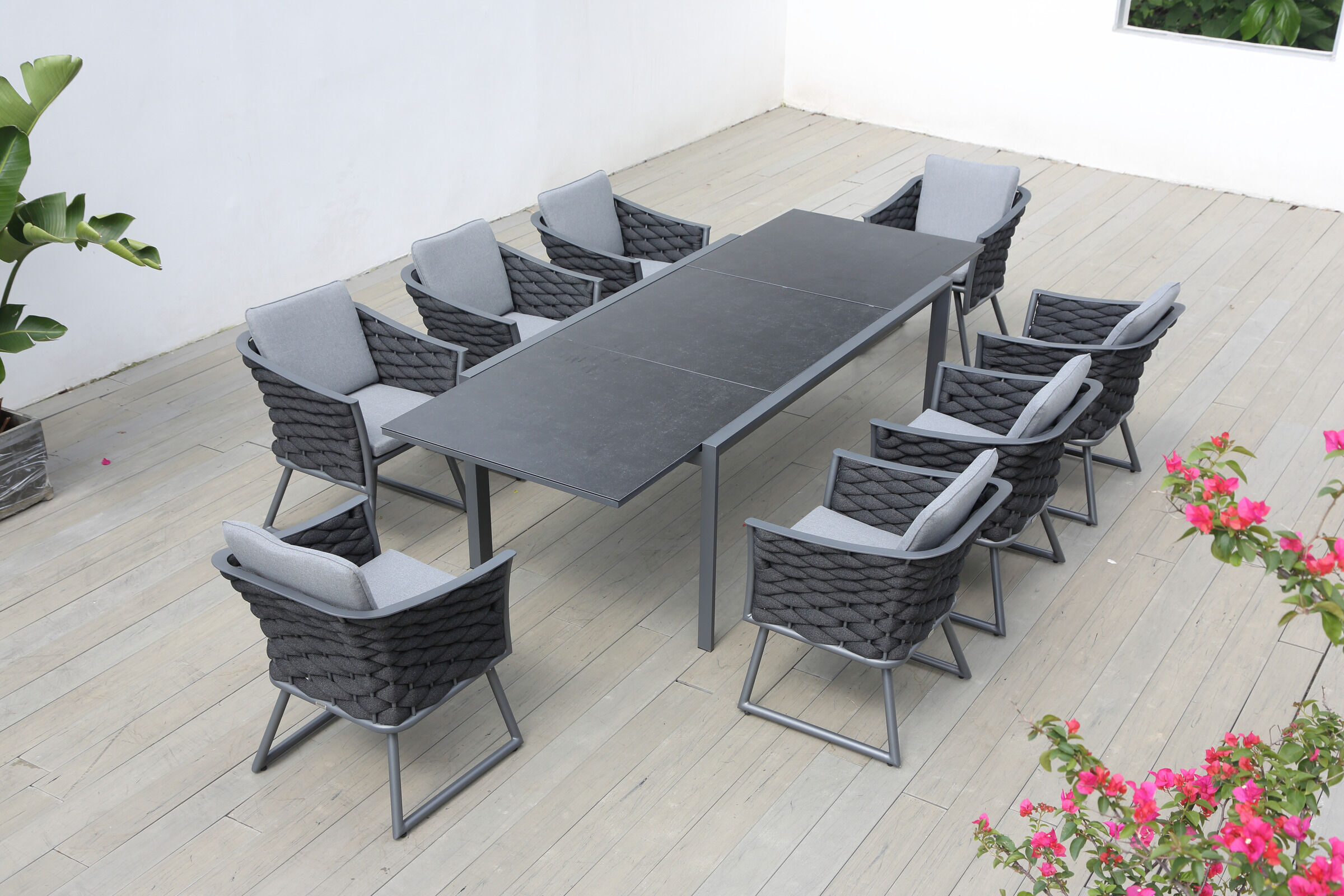 OUTFLEXX Garten-Essgruppe, anthrazit, Aluminium, Ausziehtisch 180/270×100 cm, 8 Sessel