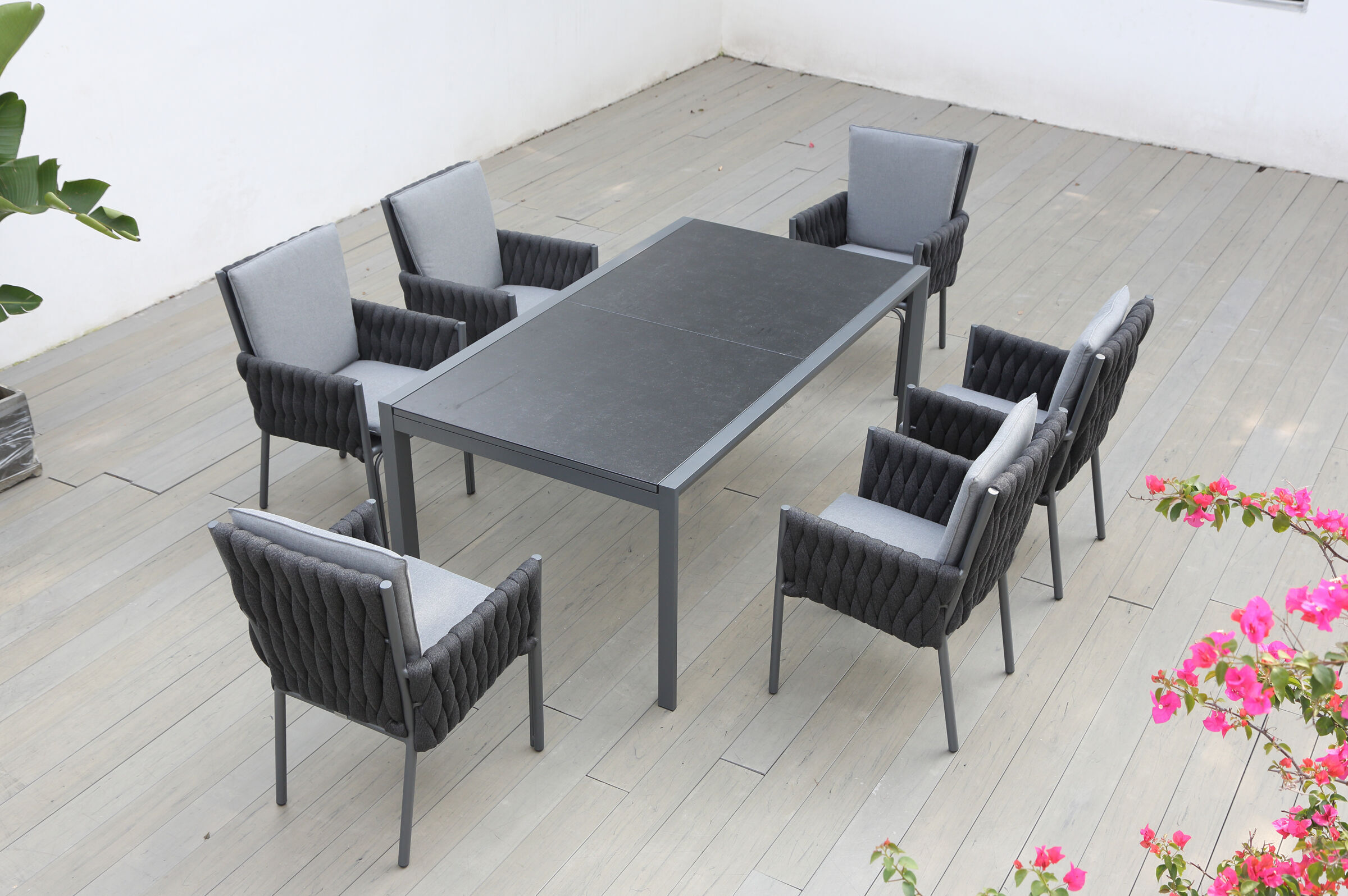 OUTFLEXX Garten-Essgruppe, anthrazit, Alu, Ausziehtisch 180/270×100 cm, 6 Diningsessel