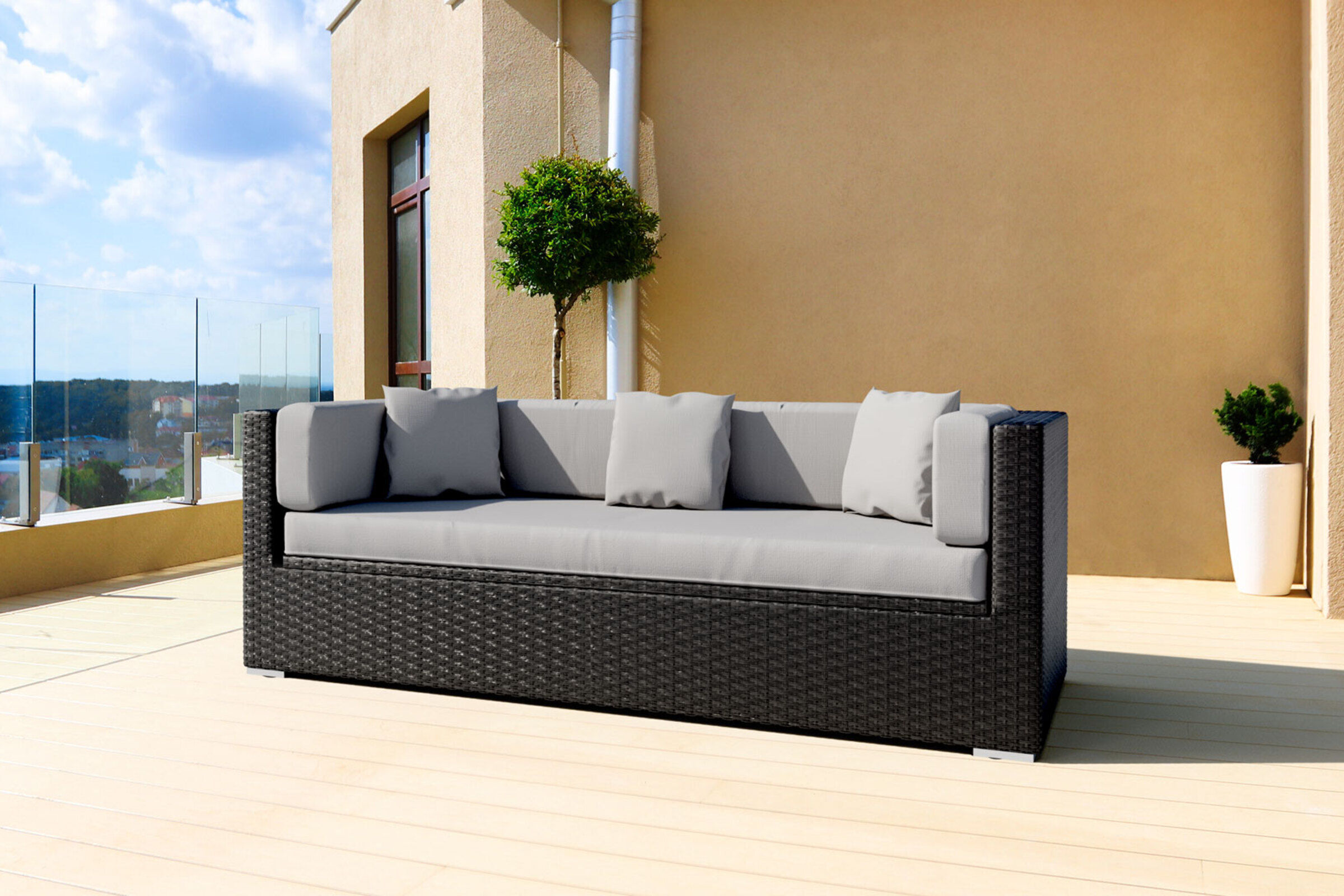 OUTFLEXX Dreisitzer-Sofa, schwarz, Polyrattan, 210x85x70cm, inkl. Polster + wasserfeste Kissenbox