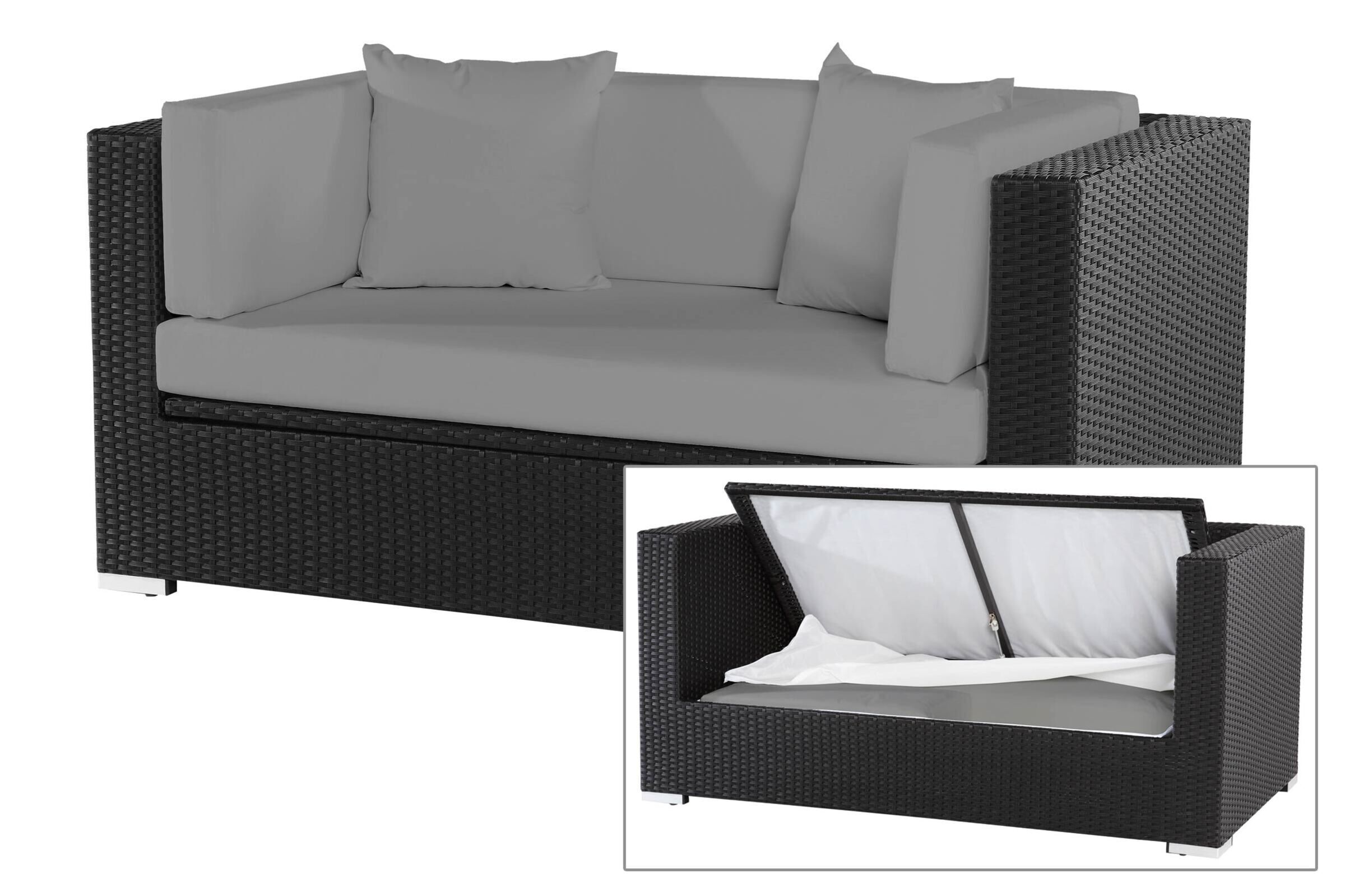 OUTFLEXX 2-Sitzer Sofa, schwarz, Polyrattan 152x85x70cm, inkl. Polster und wasserfeste Kissenbox