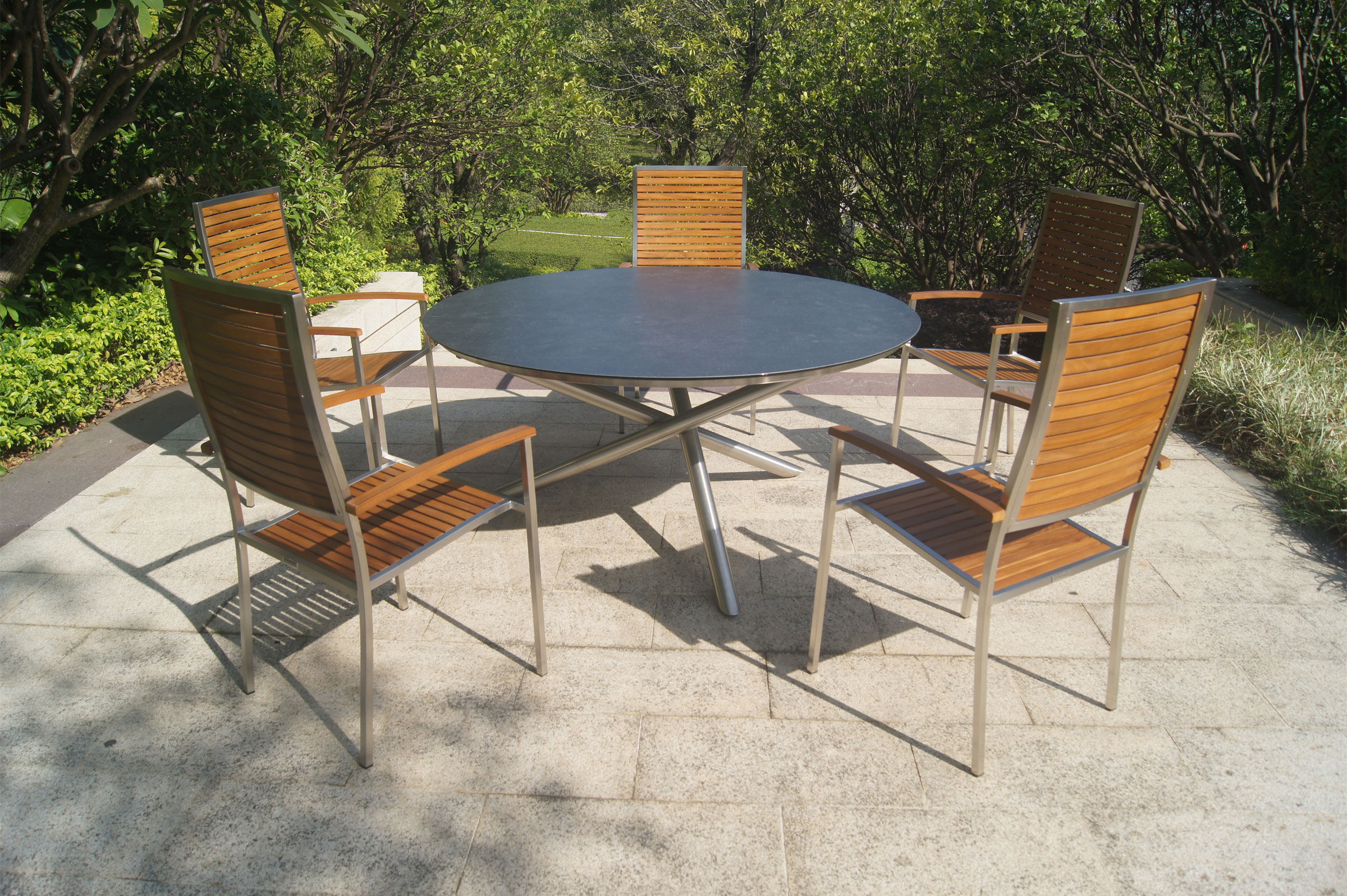 OUTFLEXX Garten-Essgruppe, silber/natur, Edelstahl/Glaskeramik/FSC®-Teakholz, Tisch Ø150cm, 5 Stühle