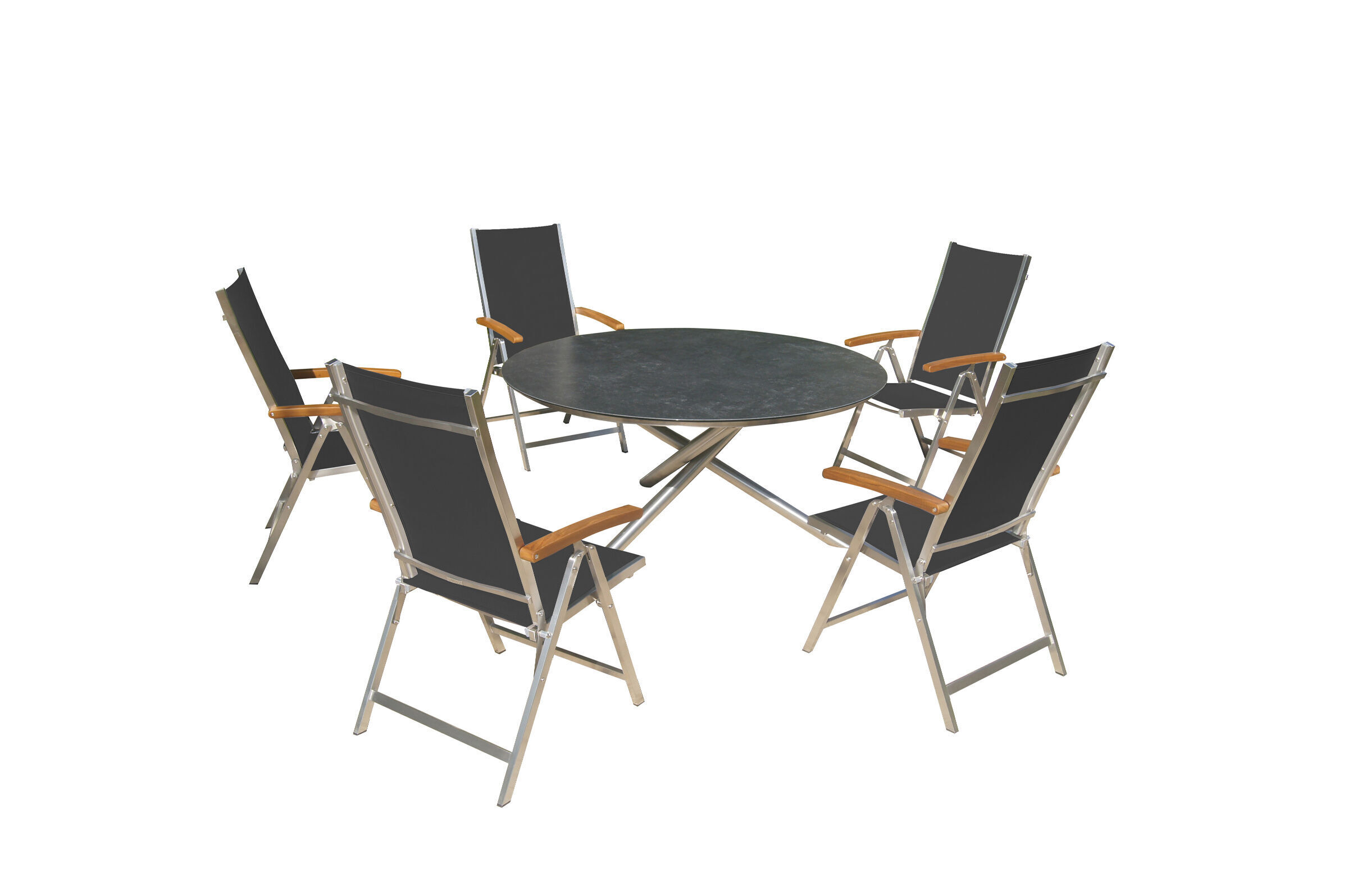 OUTFLEXX Garten-Essgruppe, silber/schwarz, Edelstahl/Glaskeramik/Textilene/FSC-Teakholz, Tisch Ø150cm, 5 Multipositionssessel, verstellbar