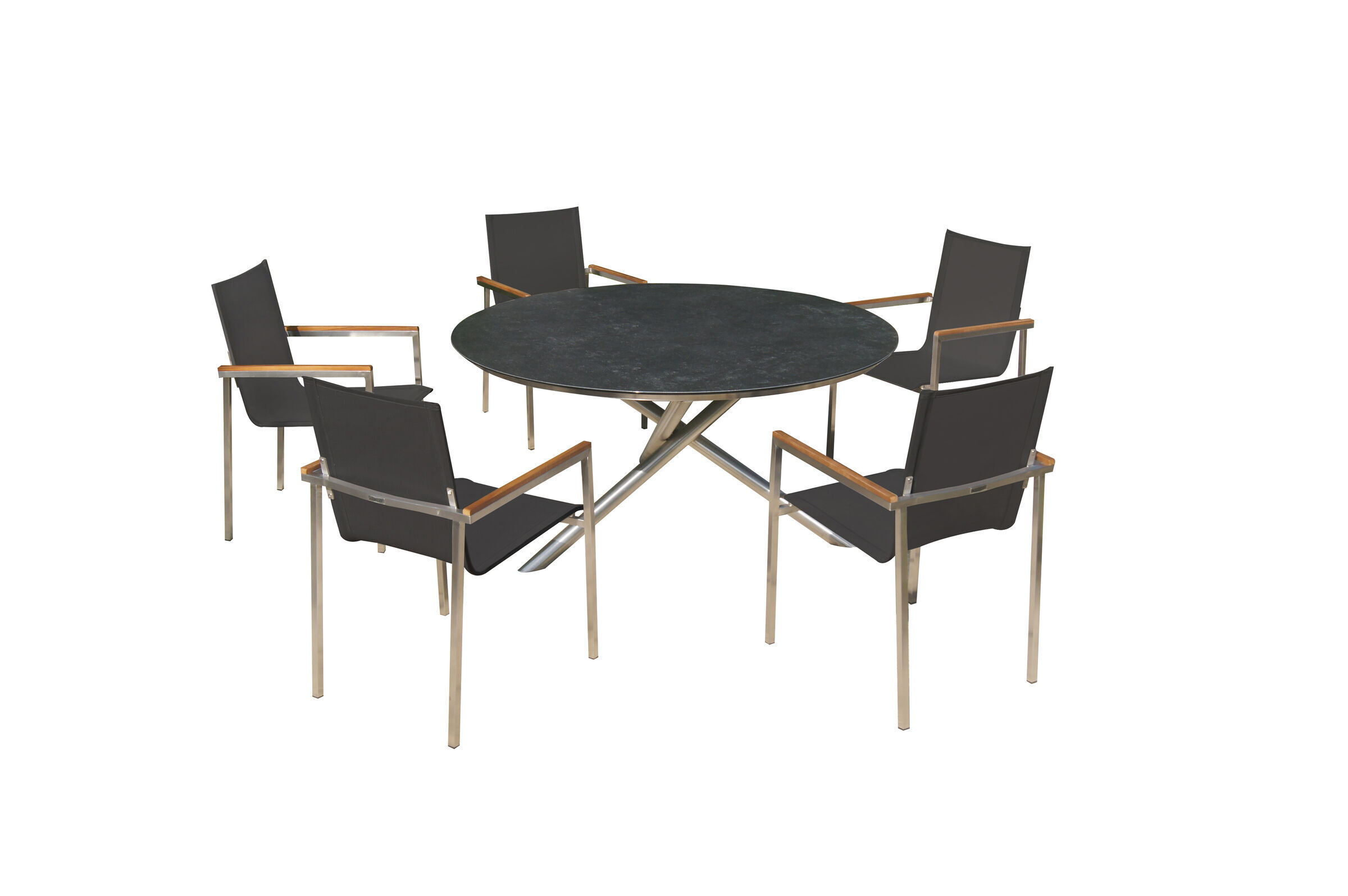 OUTFLEXX Garten-Essgruppe, silber/schwarz, Edelstahl/Glaskeramik/Textilene/FSC®-Teakholz, Tisch Ø150cm, 5 Sessel