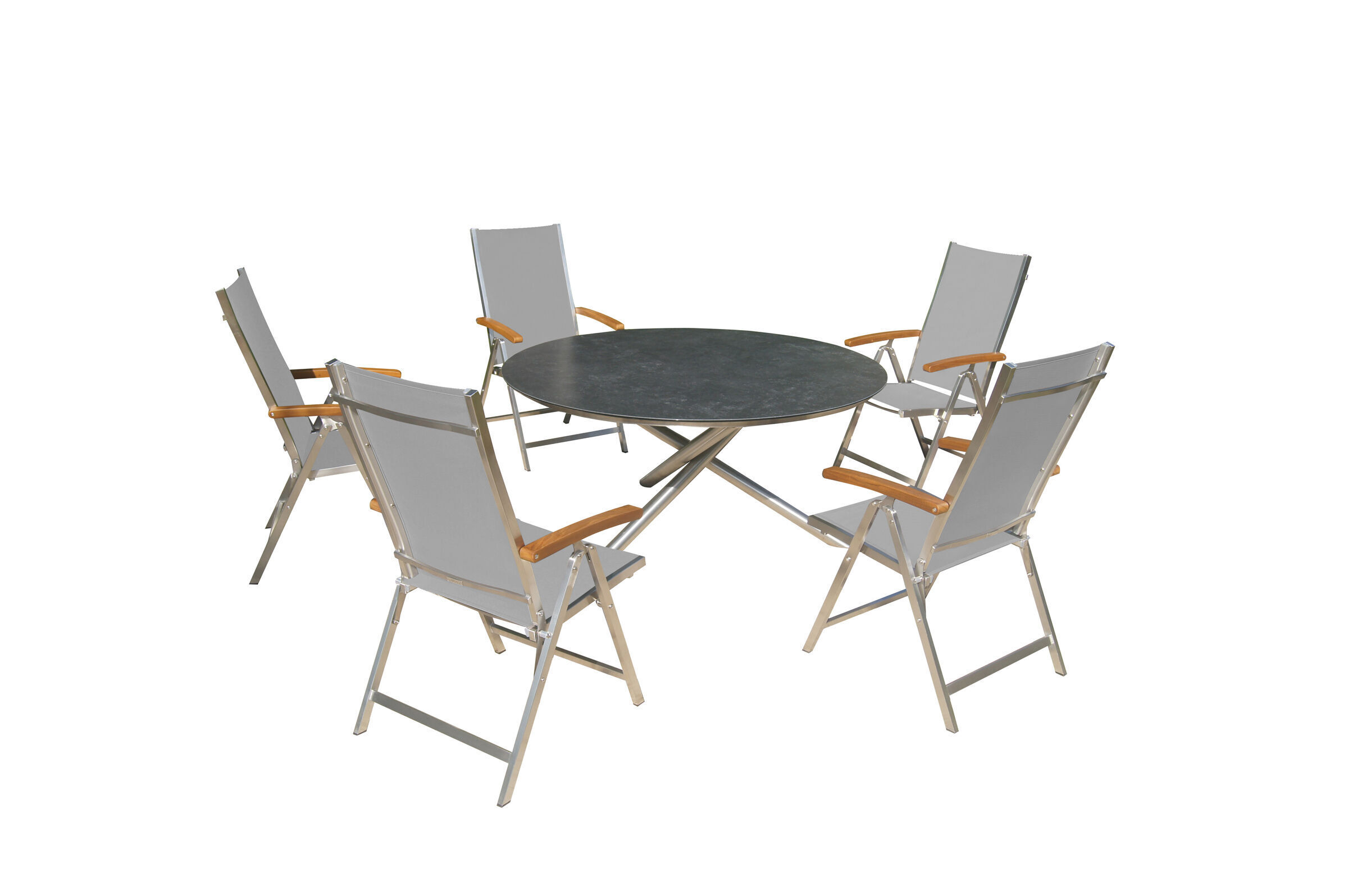 OUTFLEXX Garten-Essgruppe, silber/grau, Edelstahl/Glaskeramik/Textilene/FSC-Teakholz, Tisch Ø150cm, 5 Multipositionssessel, verstellbar