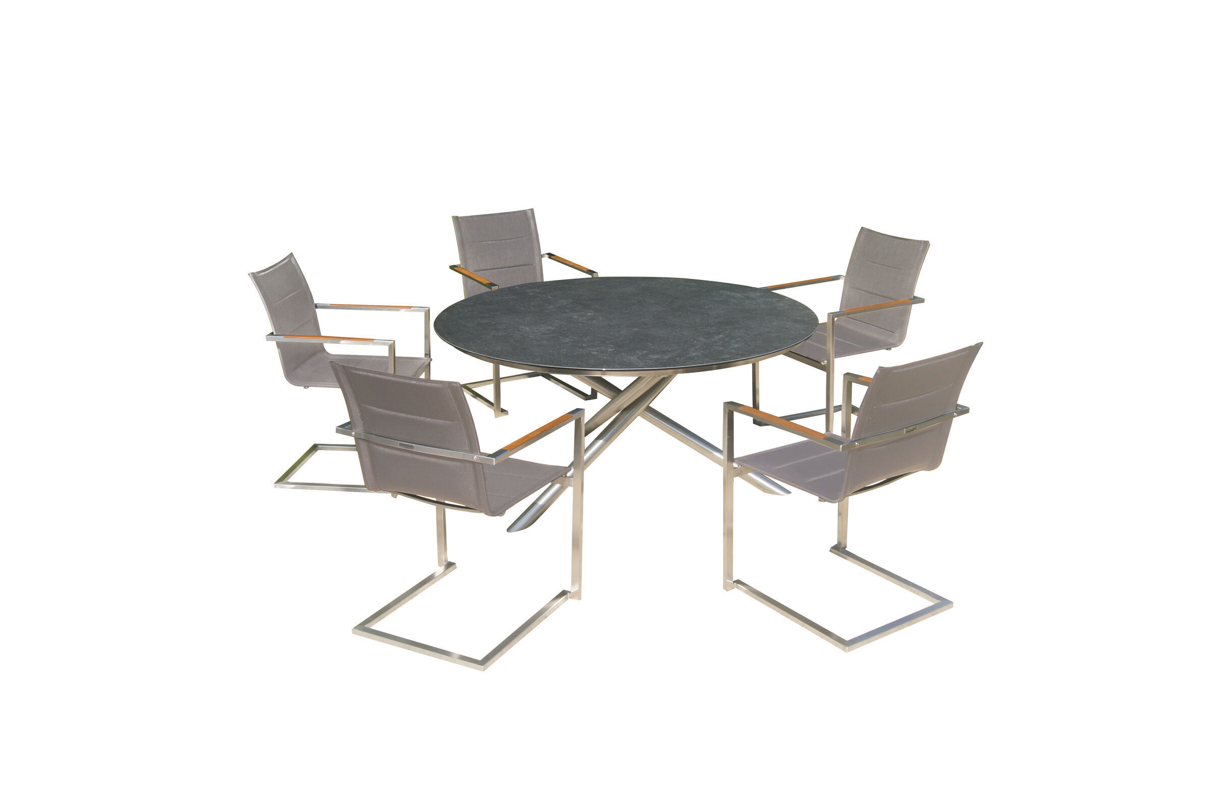 OUTFLEXX Garten-Essgruppe, silber/taupe, Edelstahl/Glaskeramik/Textilene/FSC®-Teakholz, Tisch Ø150cm, 5 Freischwinger, padded