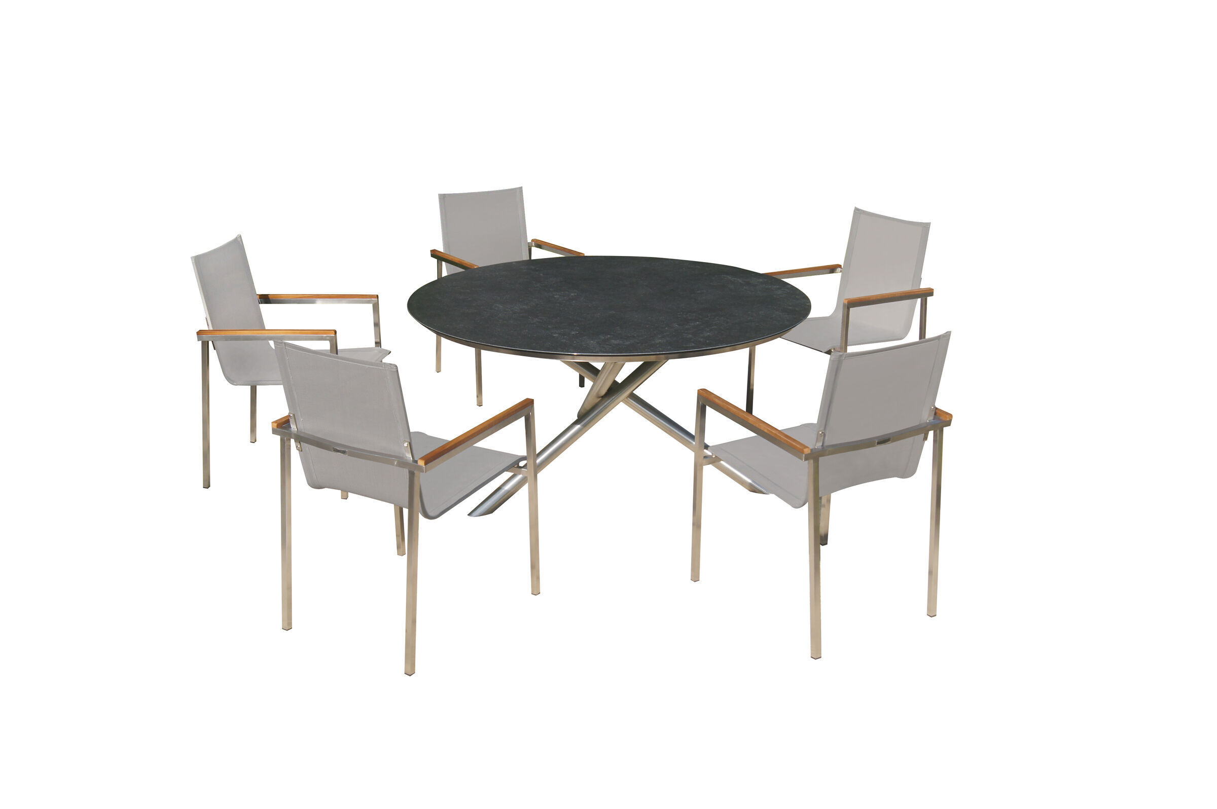 OUTFLEXX Garten-Essgruppe, silber/taupe, Edelstahl/Glaskeramik/Textilene/FSC®-Teakholz, Tisch Ø150cm, 5 Stapelsessel