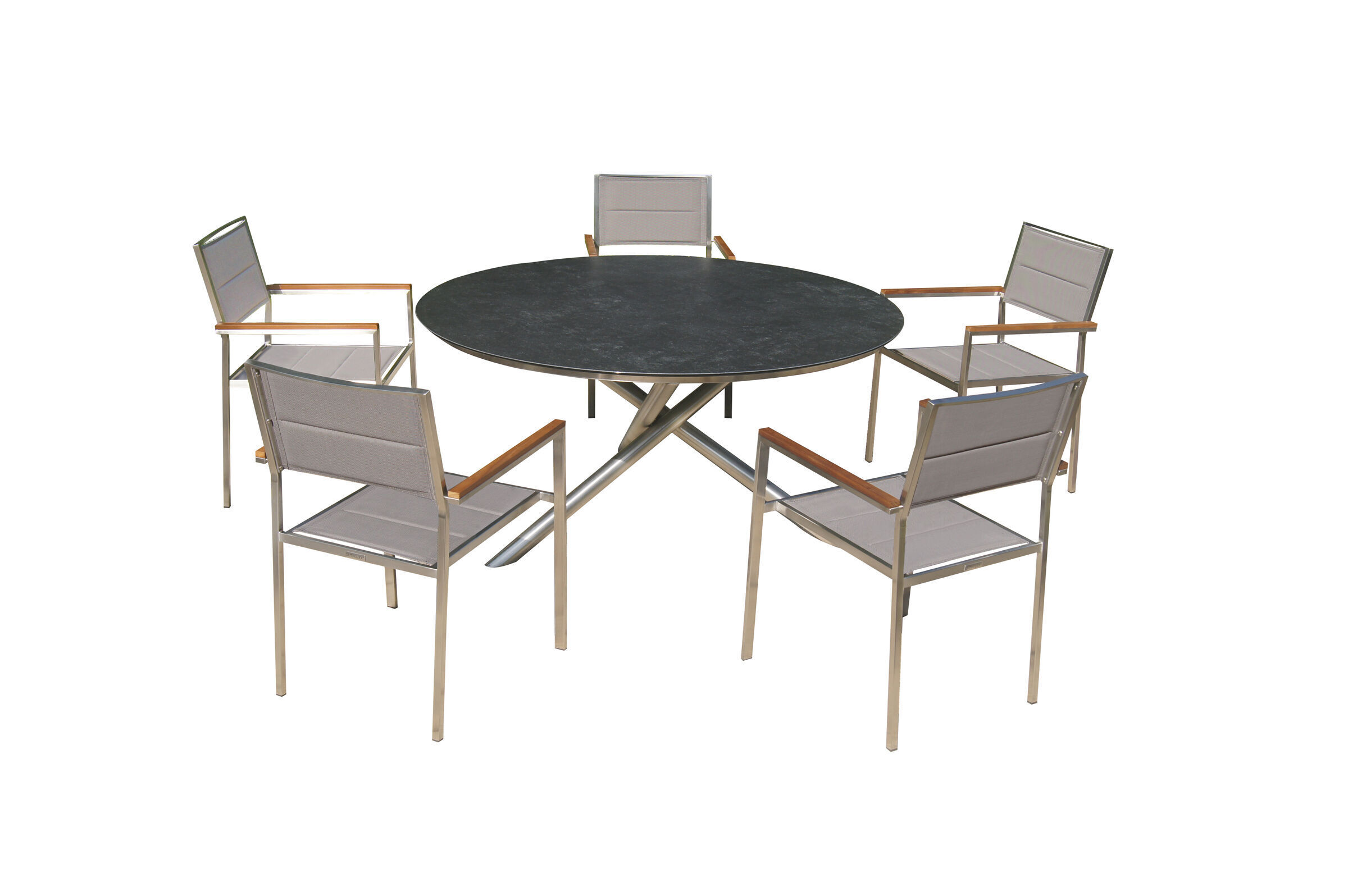 OUTFLEXX Garten-Essgruppe, silber/taupe, Edelstahl/Glaskeramik/Textilene/FSC®-Teakholz, Tisch Ø150cm, 5 Stühle, padded