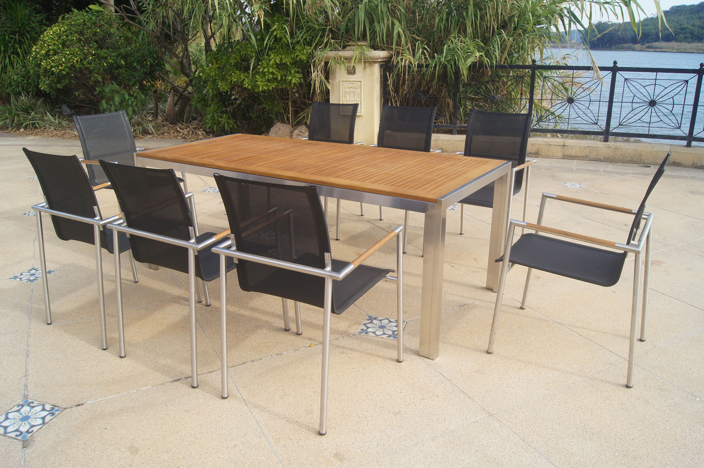 OUTFLEXX Garten-Essgruppe, natur/anthrazit, Edelstahl/Textilene/FSC®-Teakholz, Tisch 200x90cm, 8 Diningsessel