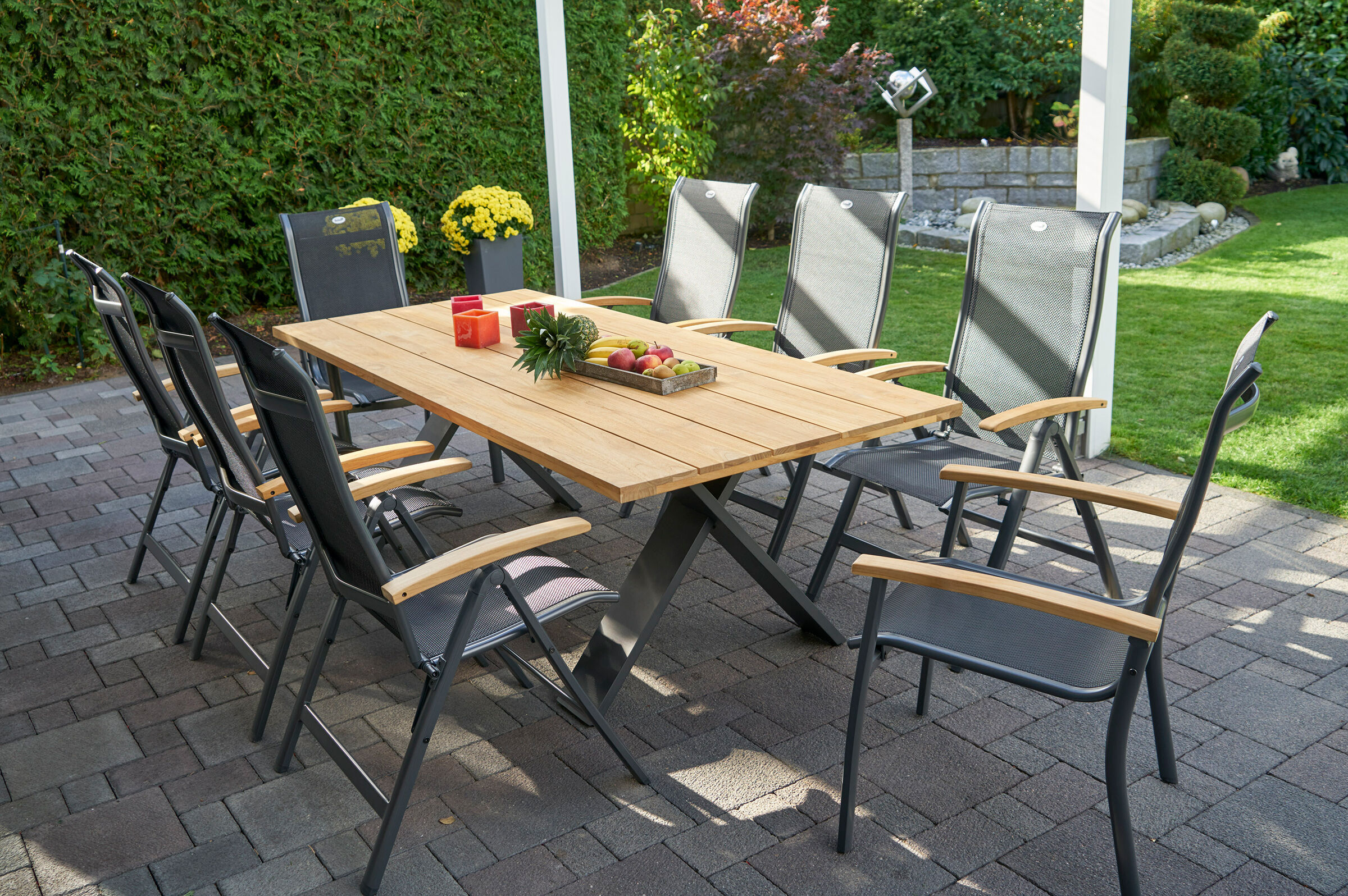 HARTMAN Xanadu/Alice Garten-Essgruppe, xerix, Alu/FSC-Teak/2×2 Textilen, 220×100 cm, 4 Stapelsessel, 2 Multipositionssessel