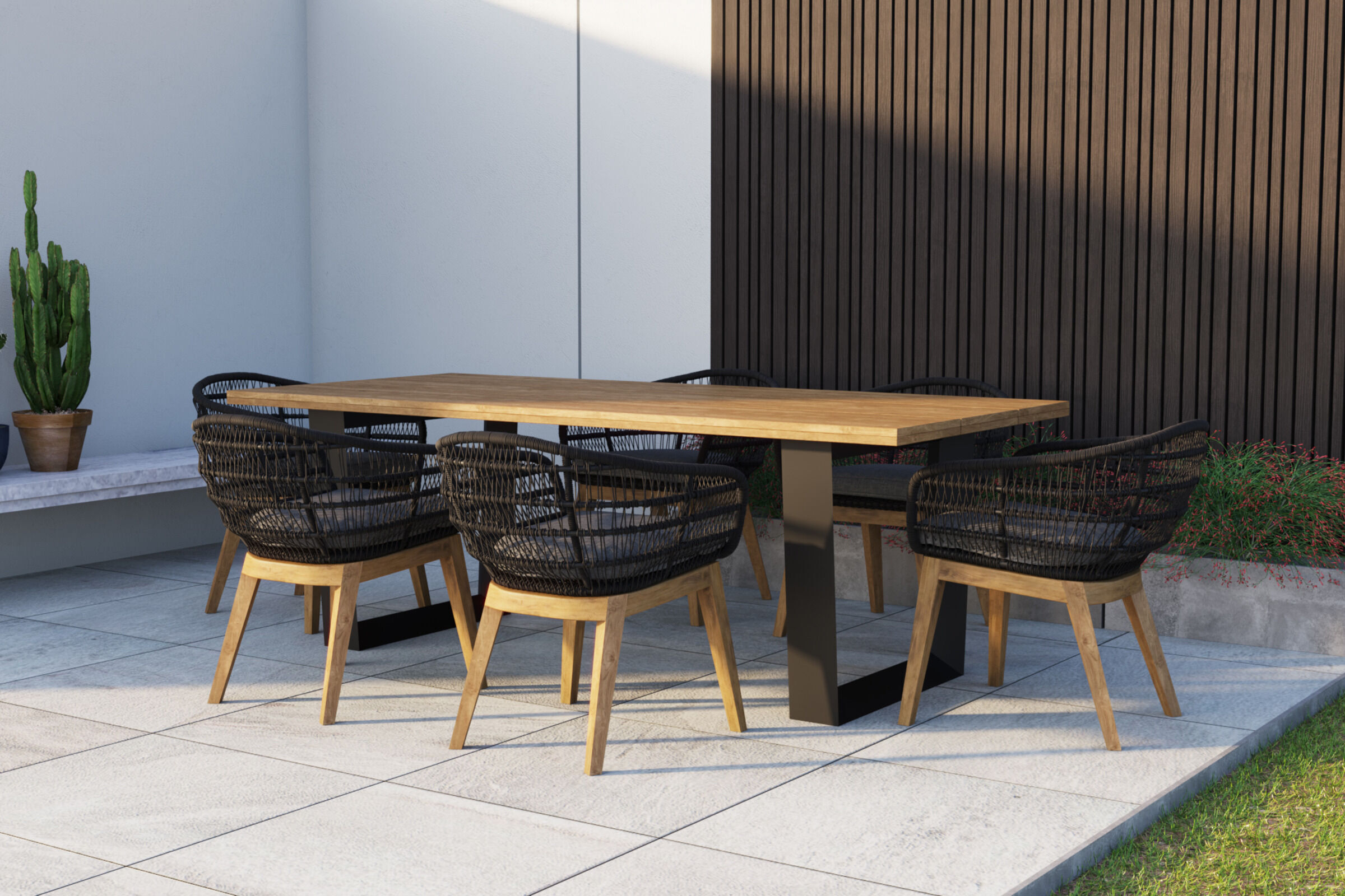 OUTFLEXX Tri/Zui Garten-Essgruppe, anthrazit/natur, Alu/Teakholz/Rope, Tisch 220 x 100, 6x Sessel, inkl. Polster