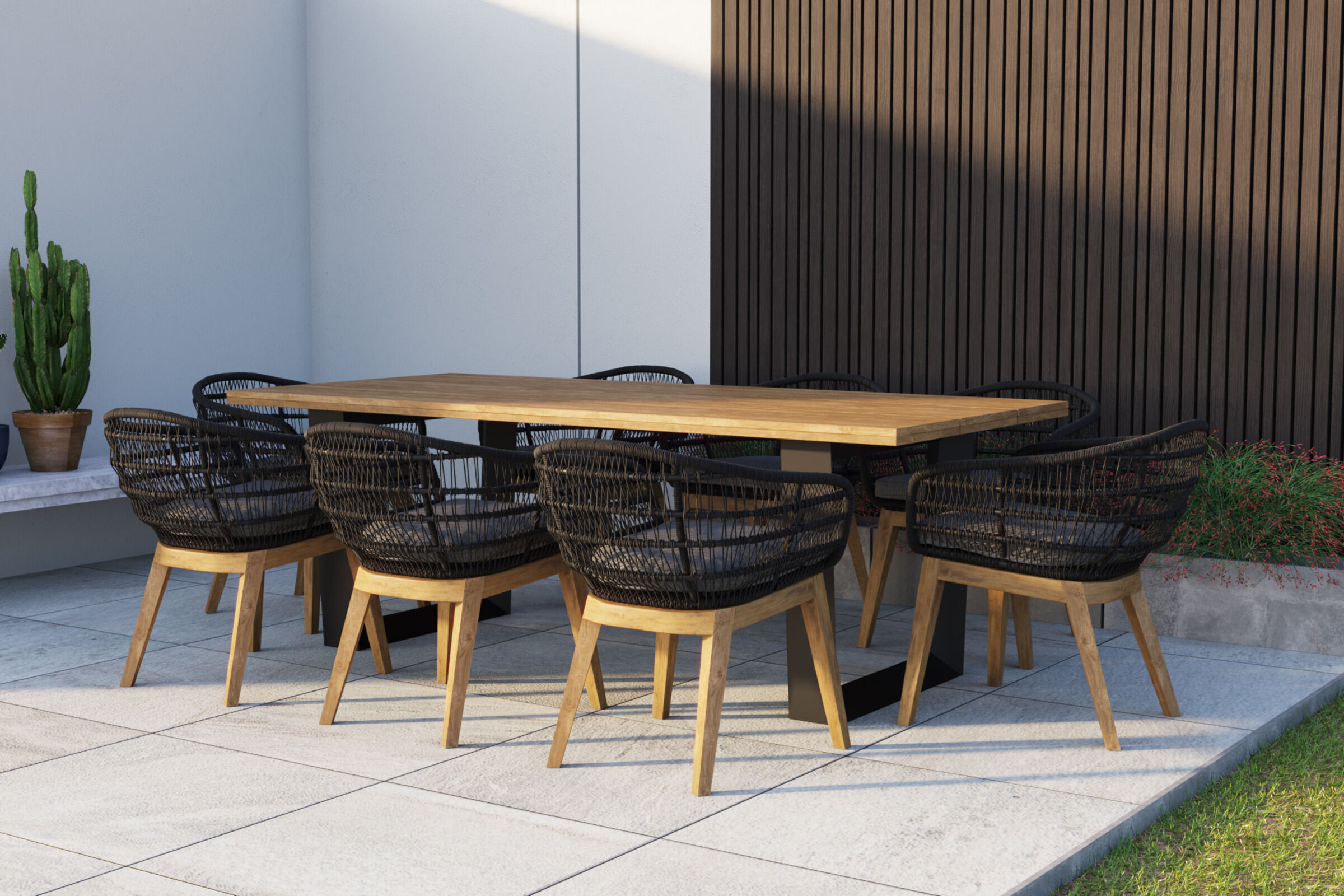 OUTFLEXX Tri Garten-Essgruppe, anthrazit/natur, Alu/recycled FSC-Teak/Rope, Tisch 220 x 100 cm, 8x Sessel