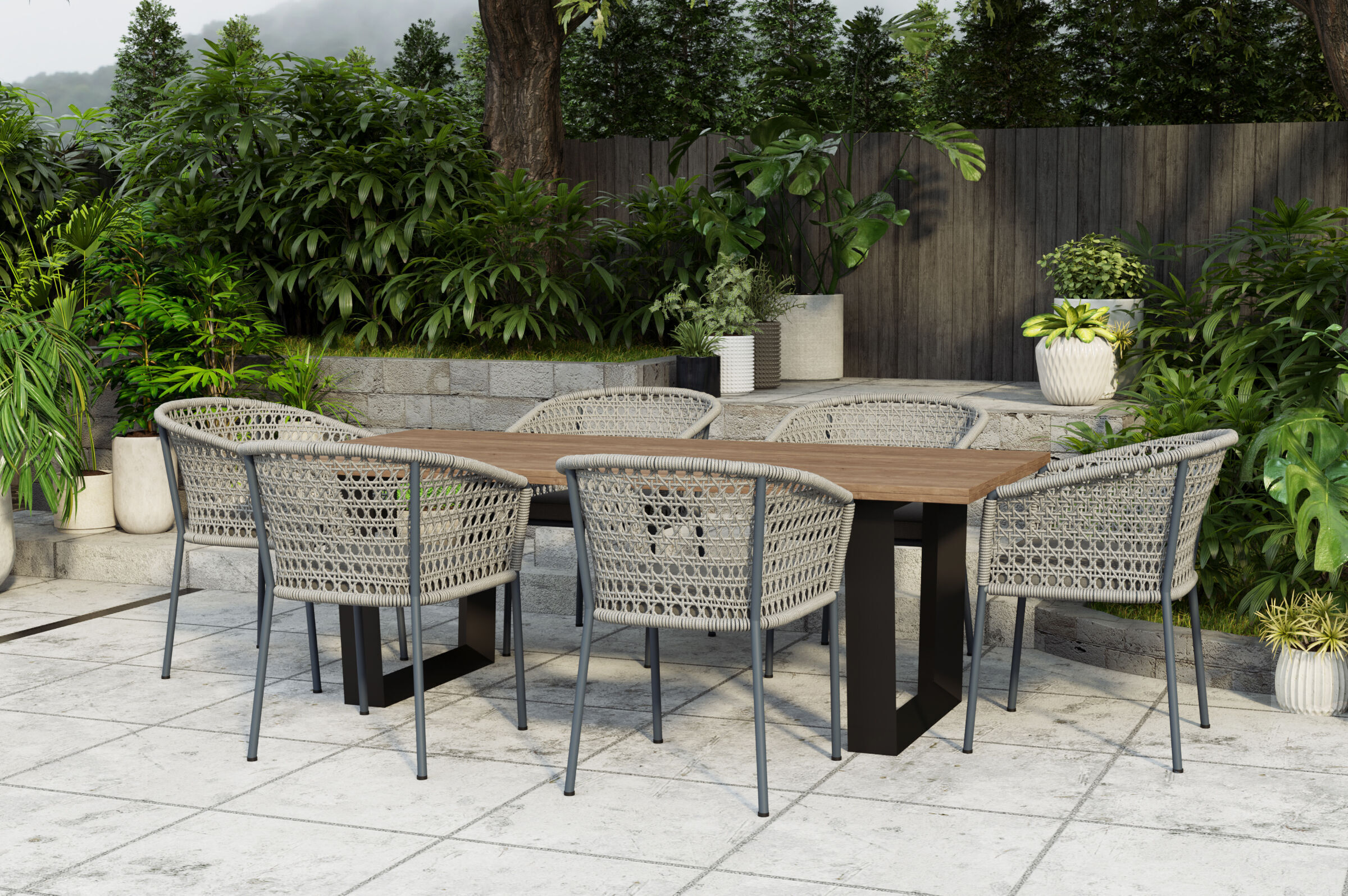 OUTFLEXX Tri/Zui Garten-Essgruppe, anthrazit/hellgrau, Alu/recycled FSC-Teak/Rope, Tisch 220 x 100cm, 6x Sessel, inkl. Polster