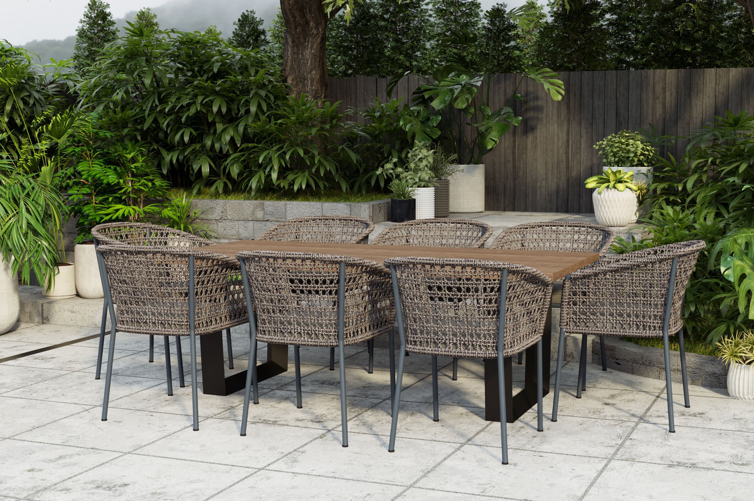 OUTFLEXX Tri/Zui Garten-Essgruppe, anthrazit/hellgrau, Alu/recycled FSC-Teak/Rope, Tisch 220 x 100cm, 8x Sessel, inkl. Polster