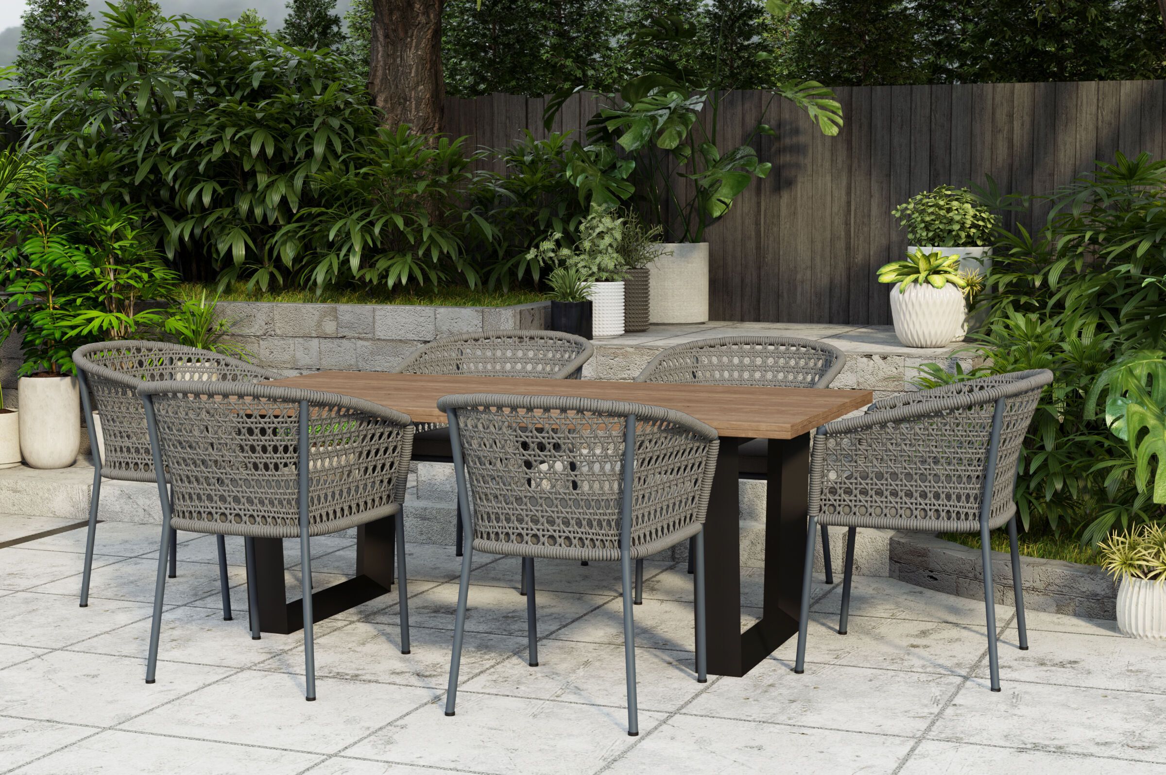 OUTFLEXX Tri/Zui Garten-Essgruppe, anthrazit/taupe, Alu/recycled FSC-Teak/Rope, Tisch 220 x 100cm, 6x Sessel, inkl. Polster