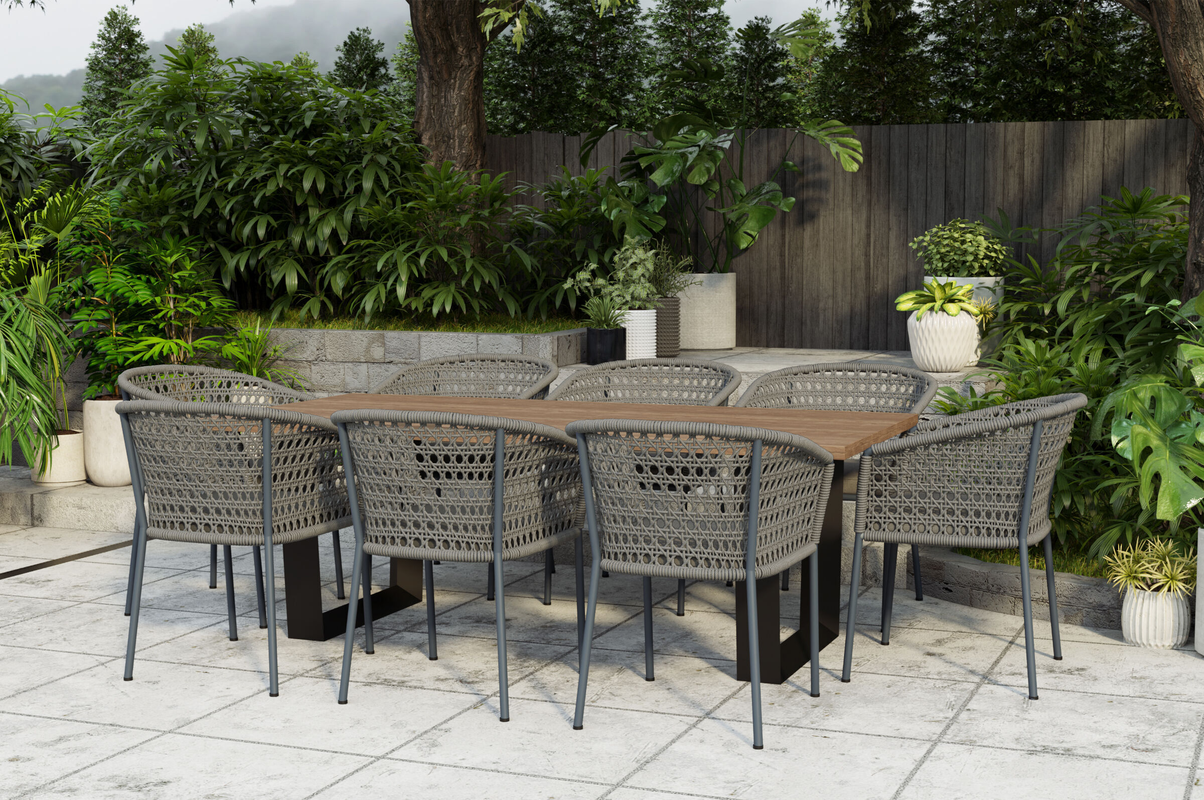 OUTFLEXX Tri/Zui Garten-Essgruppe , anthrazit/taupe, Alu/recycled FSC-Teak/Rope, Tisch 220 x 100 cm, 8x Sessel, inkl. Polster