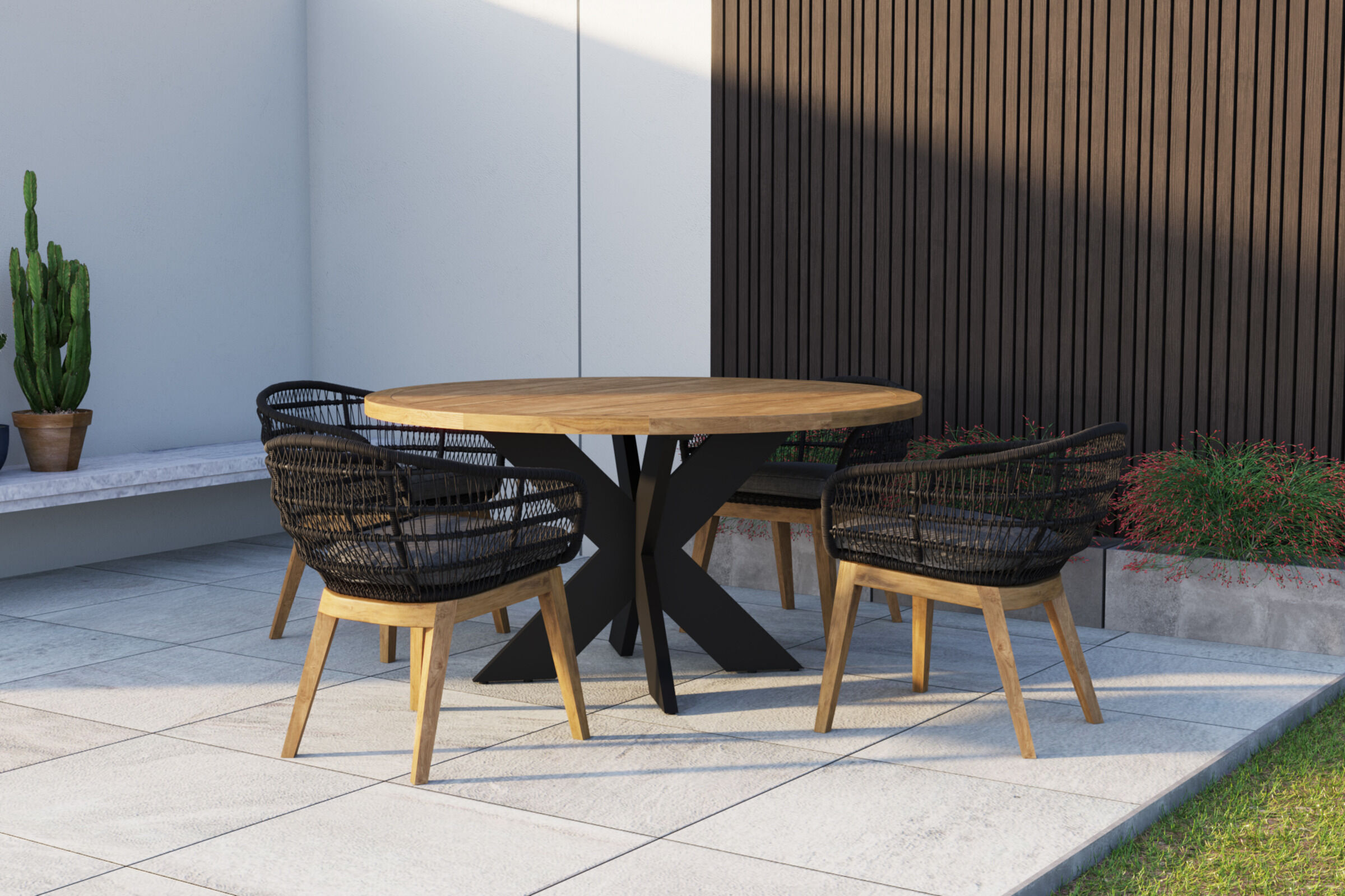 OUTFLEXX Quantum Garten-Essgruppe, anthrazit/natur, Alu/recycled FSC-Teak, Tisch Ø150 cm, 4x Sessel