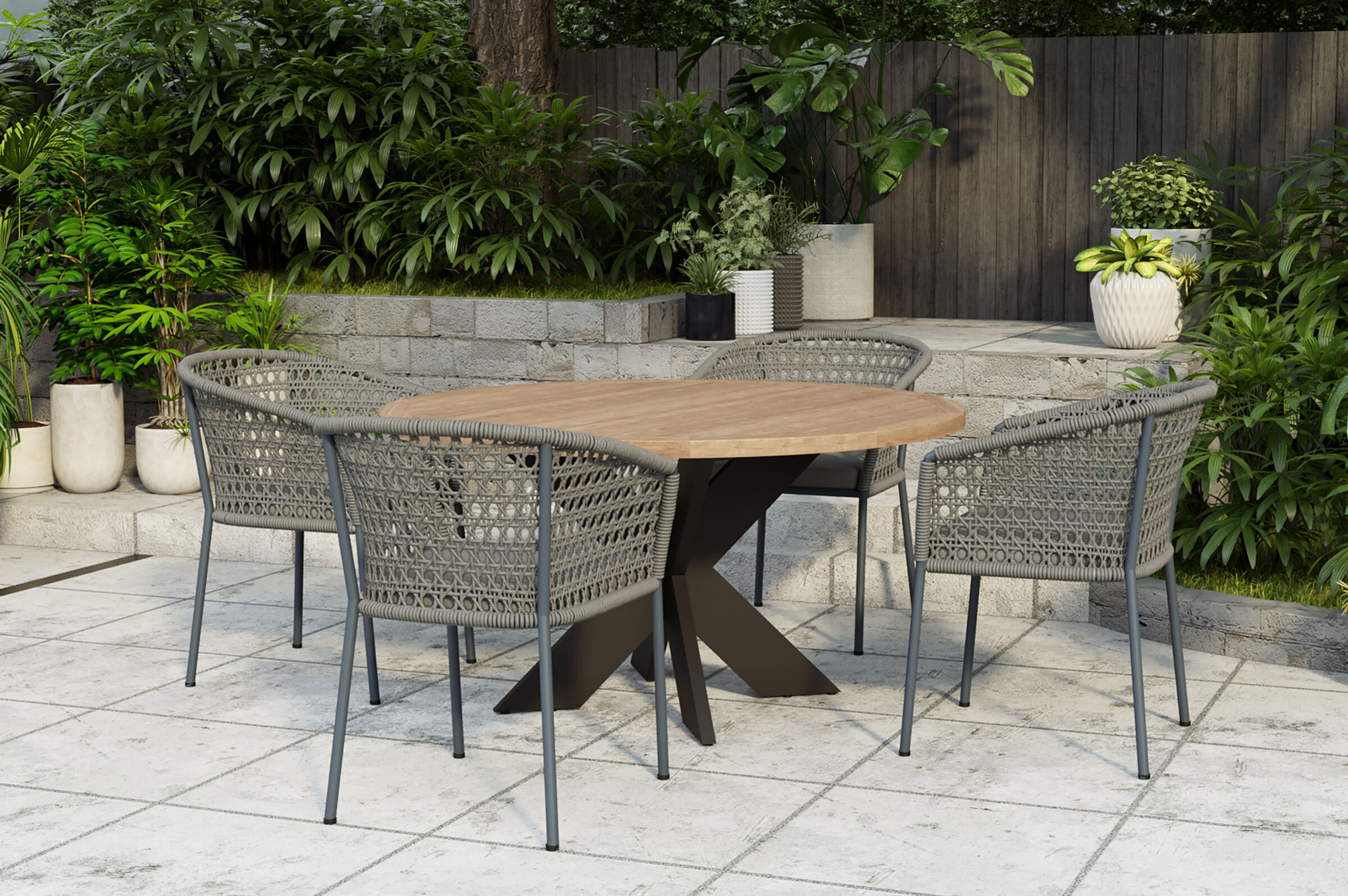 OUTFLEXX Quantum/Zui Garten-Essgruppe, anthrazit/taupe, Alu/recycled FSC-Teak/Rope, Tisch Ø150 cm, 4x Sessel, inkl. Polster