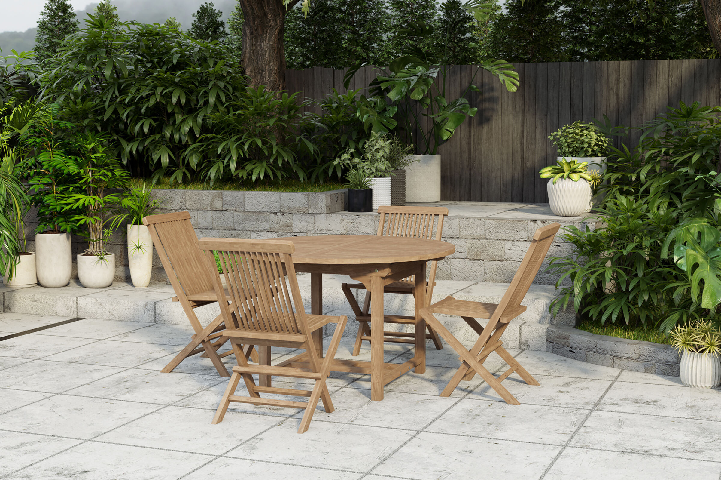 OUTFLEXX Dallas/Seattle Garten-Essgruppe, natur, Teak, 120/170×120 cm, 4x Klappstuhl