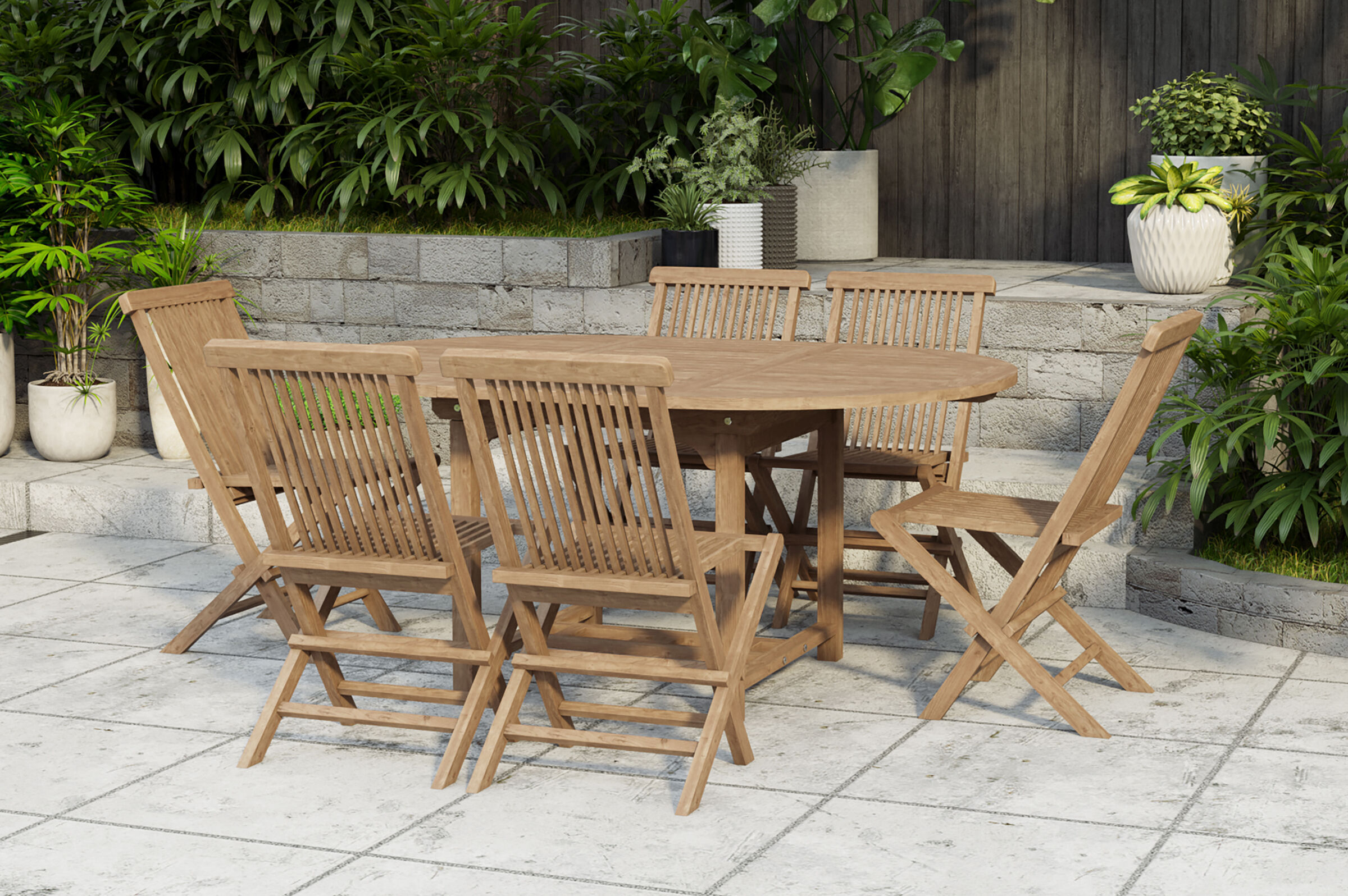 OUTFLEXX Dallas/Seattle Garten-Essgruppe, natur, Teak, 120/170×120 cm, 6x Klappstuhl