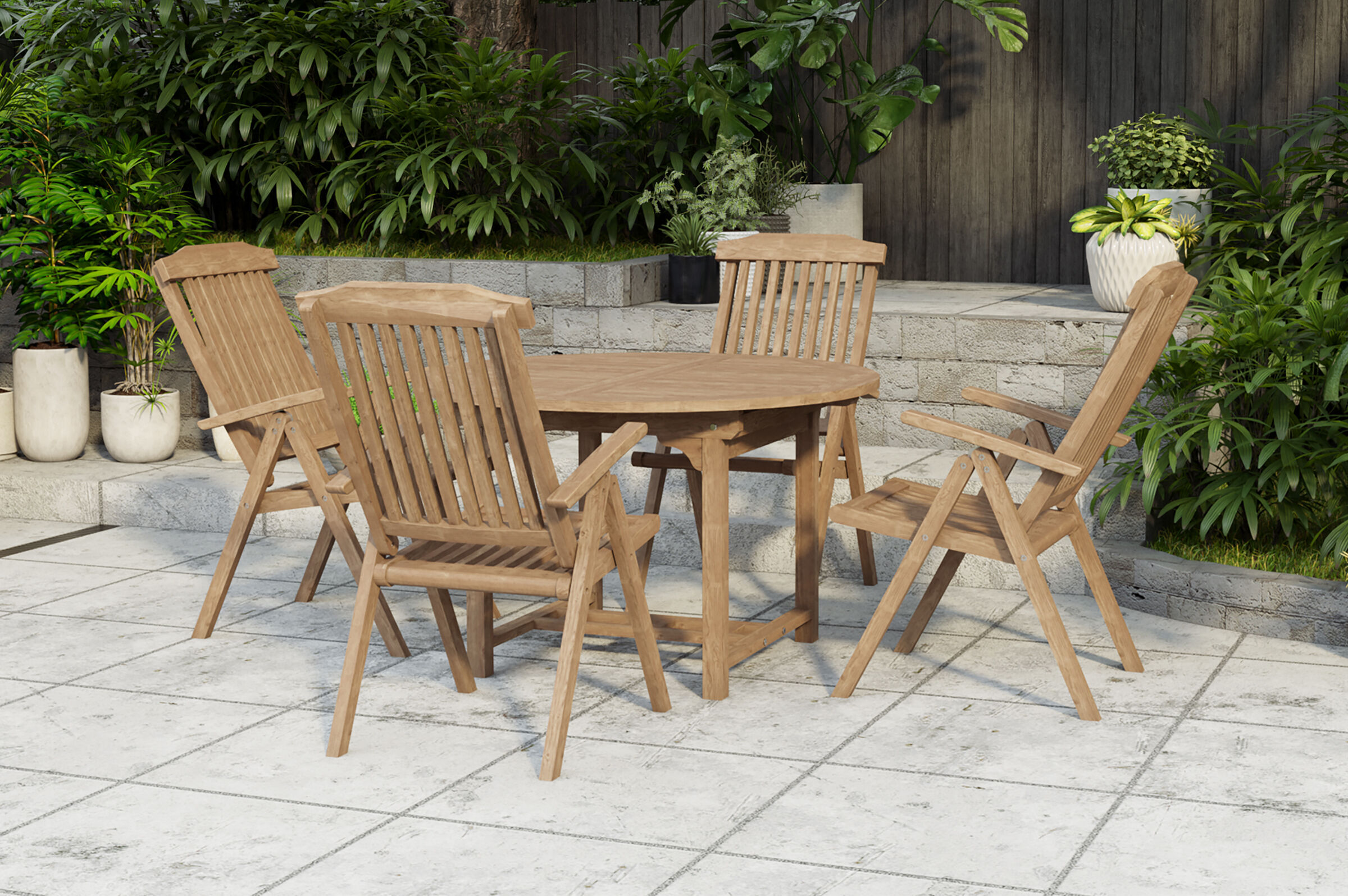 OUTFLEXX Dallas/Bounty Garten-Essgruppe, natur, Teak, 120/170×120 cm, 4x Klappstuhl