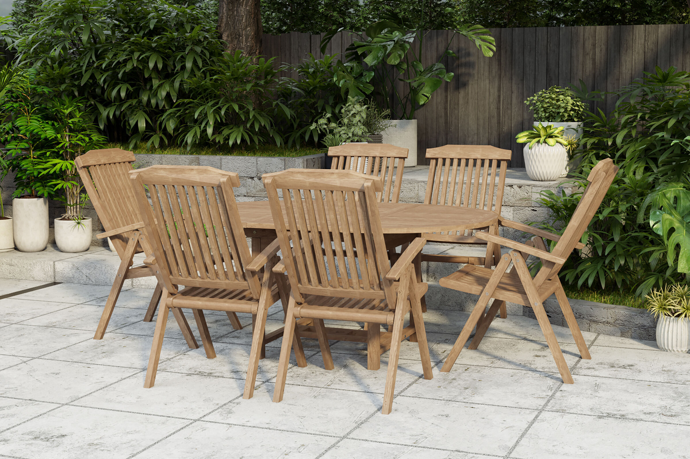 OUTFLEXX Dallas/Bounty Garten-Essgruppe, natur, Teak, 120/170×120 cm, 6x Klappstuhl