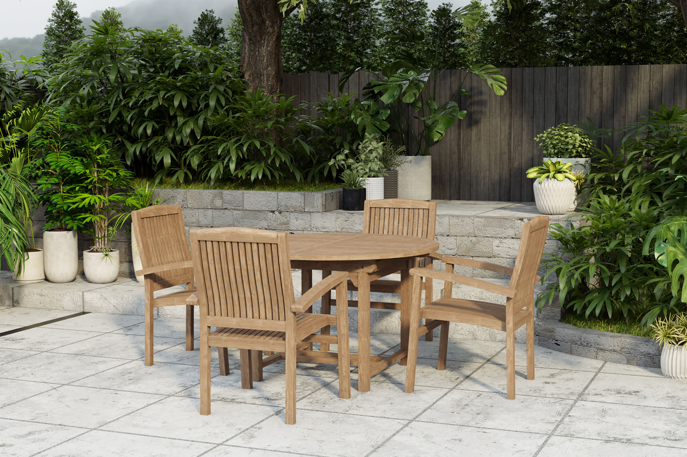 OUTFLEXX Dallas/Washington Garten-Essgruppe, natur, Teak, 120/170×120 cm, 4x Stapelsessel