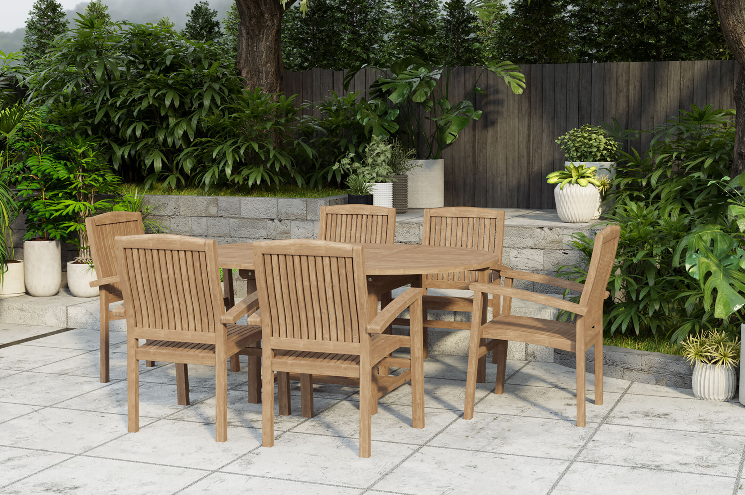 OUTFLEXX Dallas/Washington Garten-Essgruppe, natur, Teak, 120/170×120 cm, 6x Stapelsessel