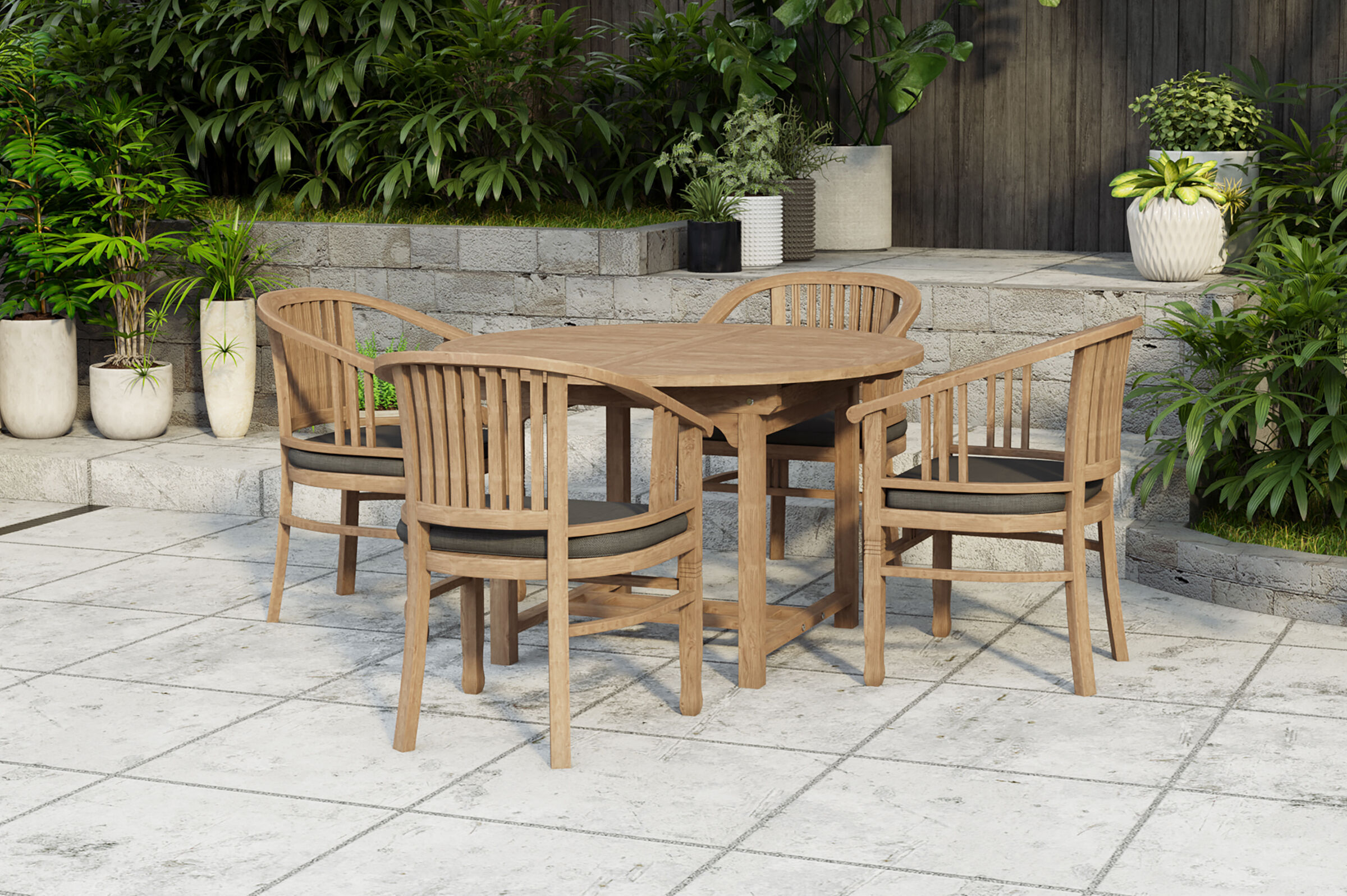 OUTFLEXX Dallas/Batavia Garten-Essgruppe, natur, Teak, 120/170×120 cm, 4x Armlehnensessel, inkl. Auflage