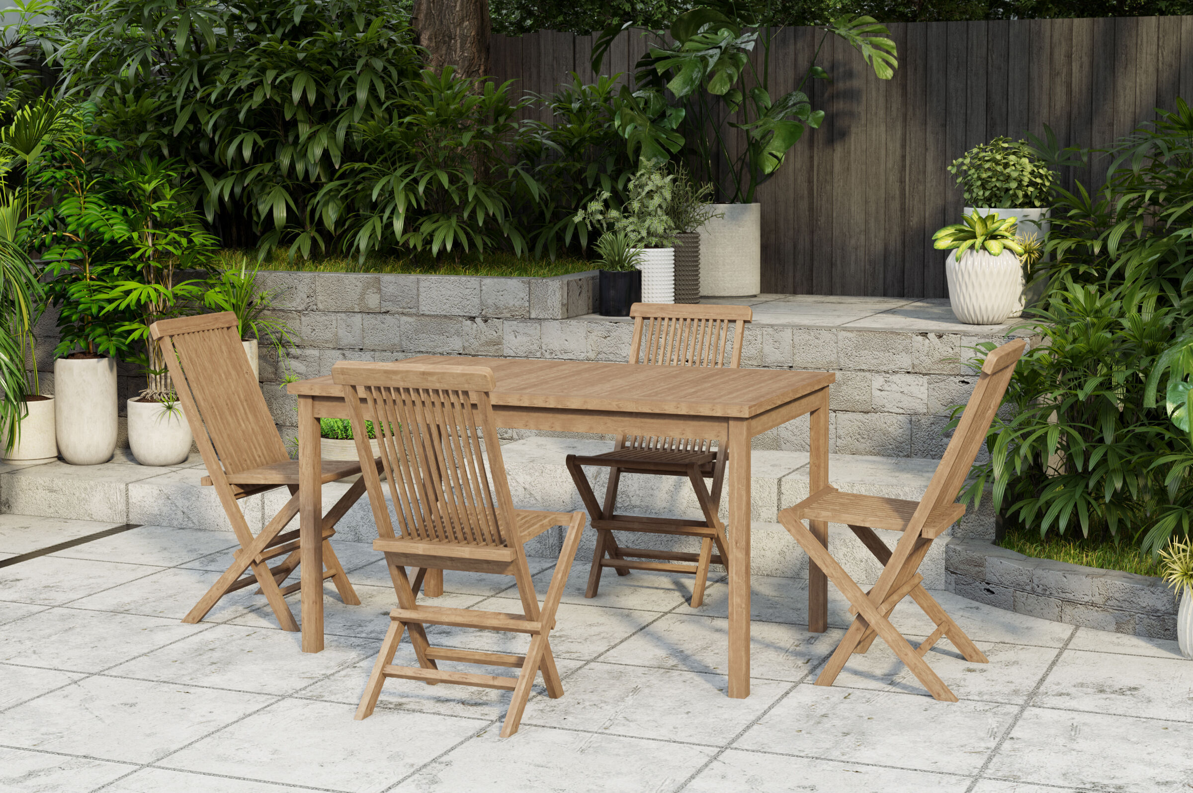 OUTFLEXX Ontario/Seattle Garten-Essgruppe, natur, Teak, Tisch 150 x 90 cm, 4x Klappstuhl