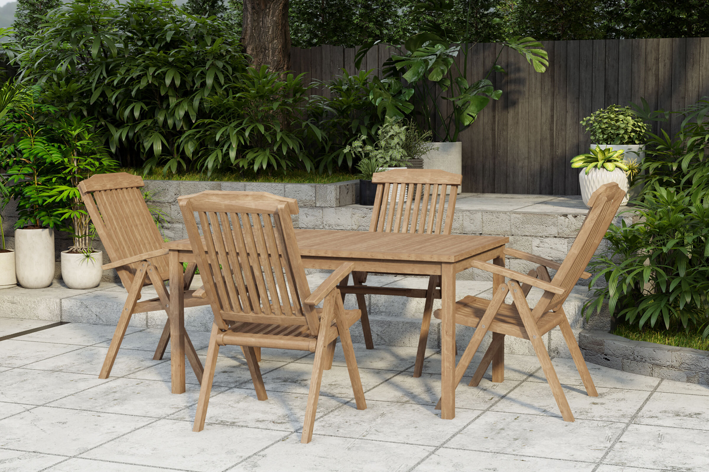 OUTFLEXX Ontario/Bounty Garten-Essgruppe, natur, Teak, Tisch 150 x 90 cm, 4x Klappsessel