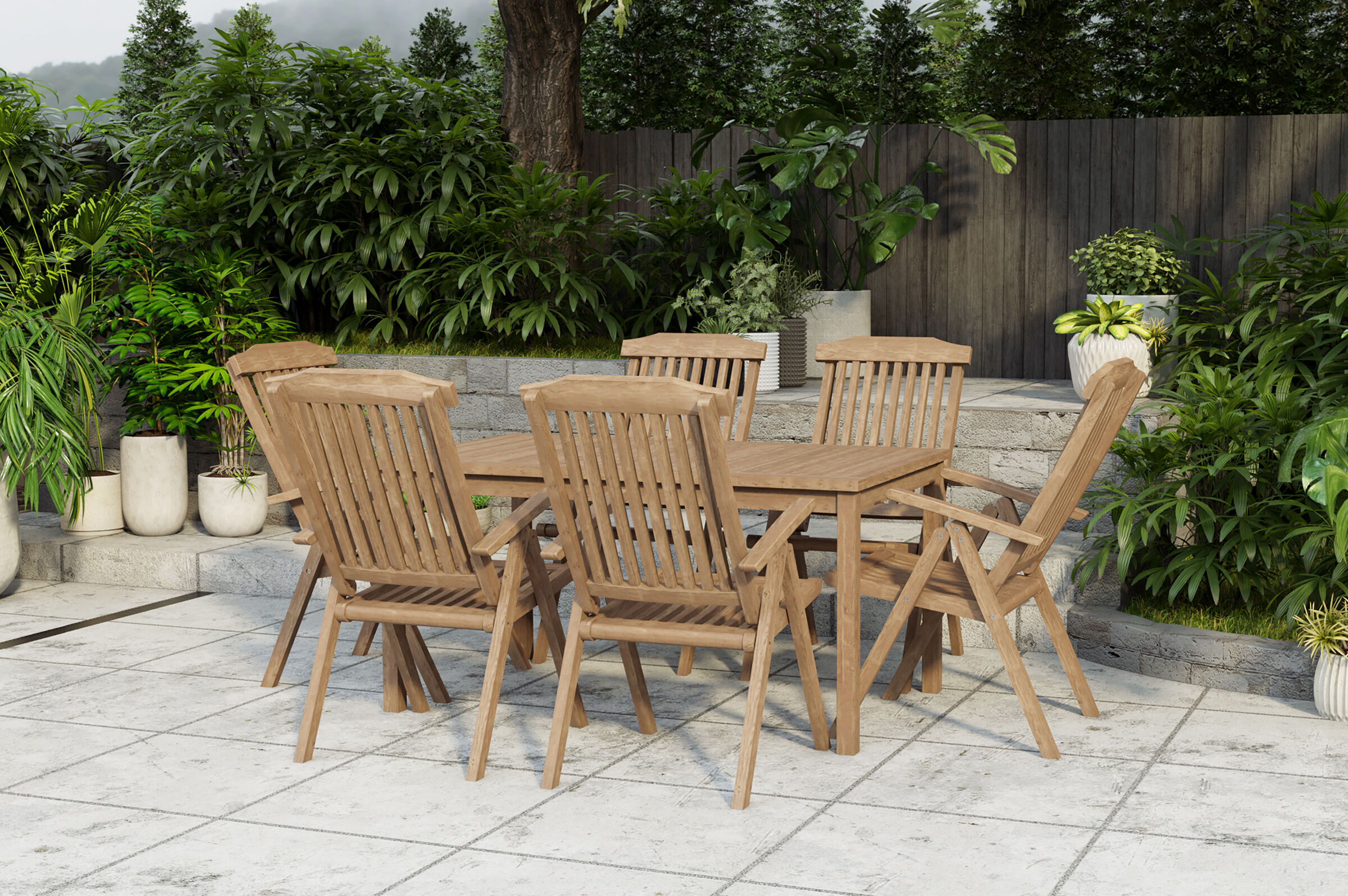 OUTFLEXX Ontario/Bounty Garten-Essgruppe, natur, Teak, Tisch 150 x 90 cm, 6x Klappsessel