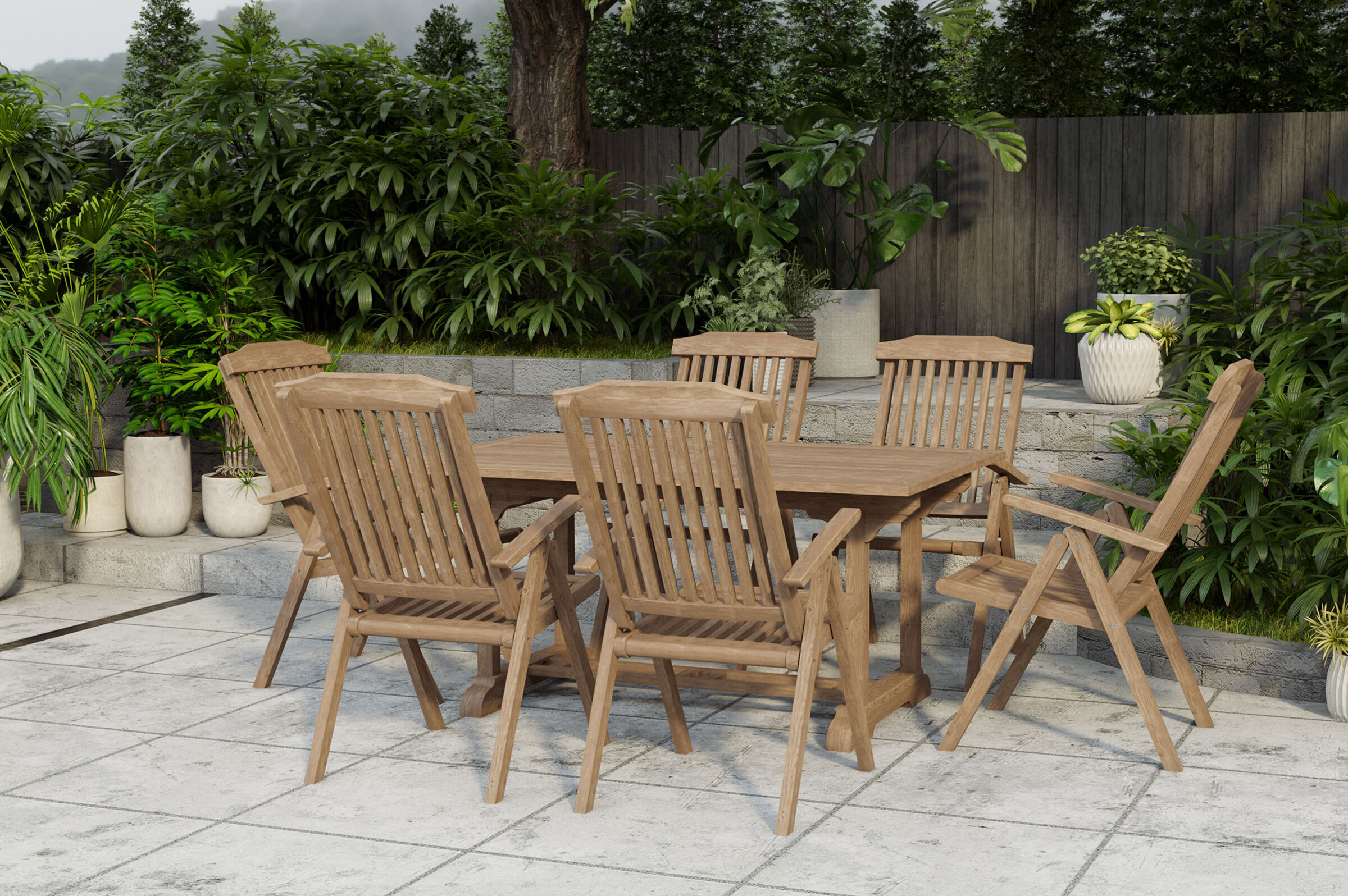 OUTFLEXX Ontario/Bounty Garten-Essgruppe, natur, Teak, 160/210x90cm, 6x Klappsessel