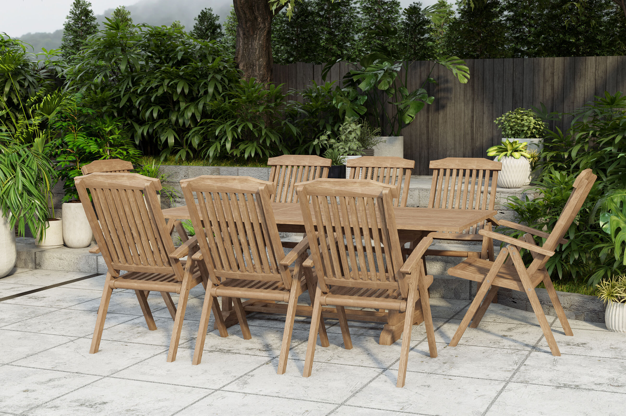 OUTFLEXX Ontario/Bounty Garten-Essgruppe, natur, Teak, 160/210x90cm, 8x Klappsessel