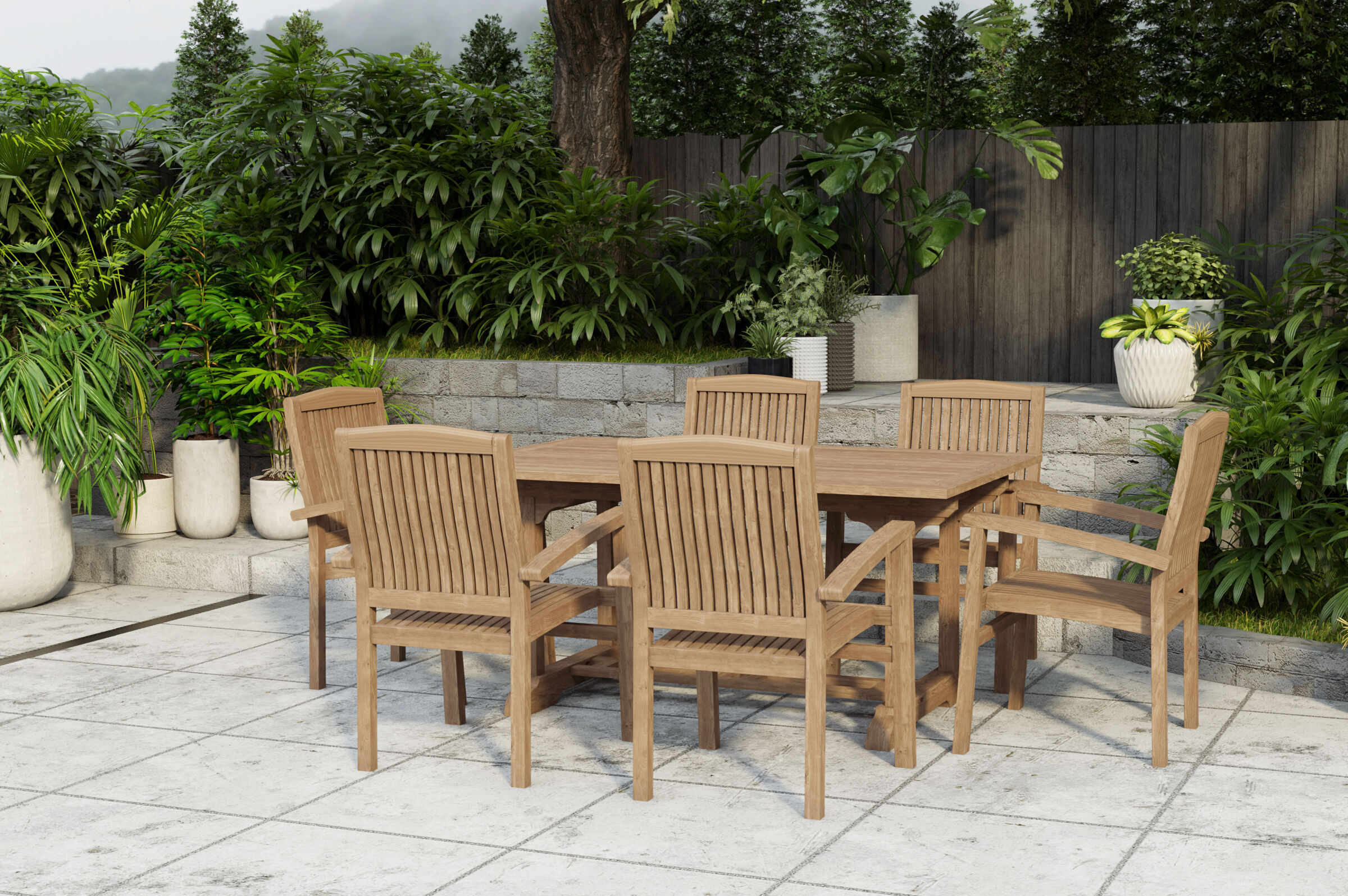 OUTFLEXX Ontario/Washington Garten-Essgruppe, natur, Teak, 160/210x90cm, 6x Stapelsessel