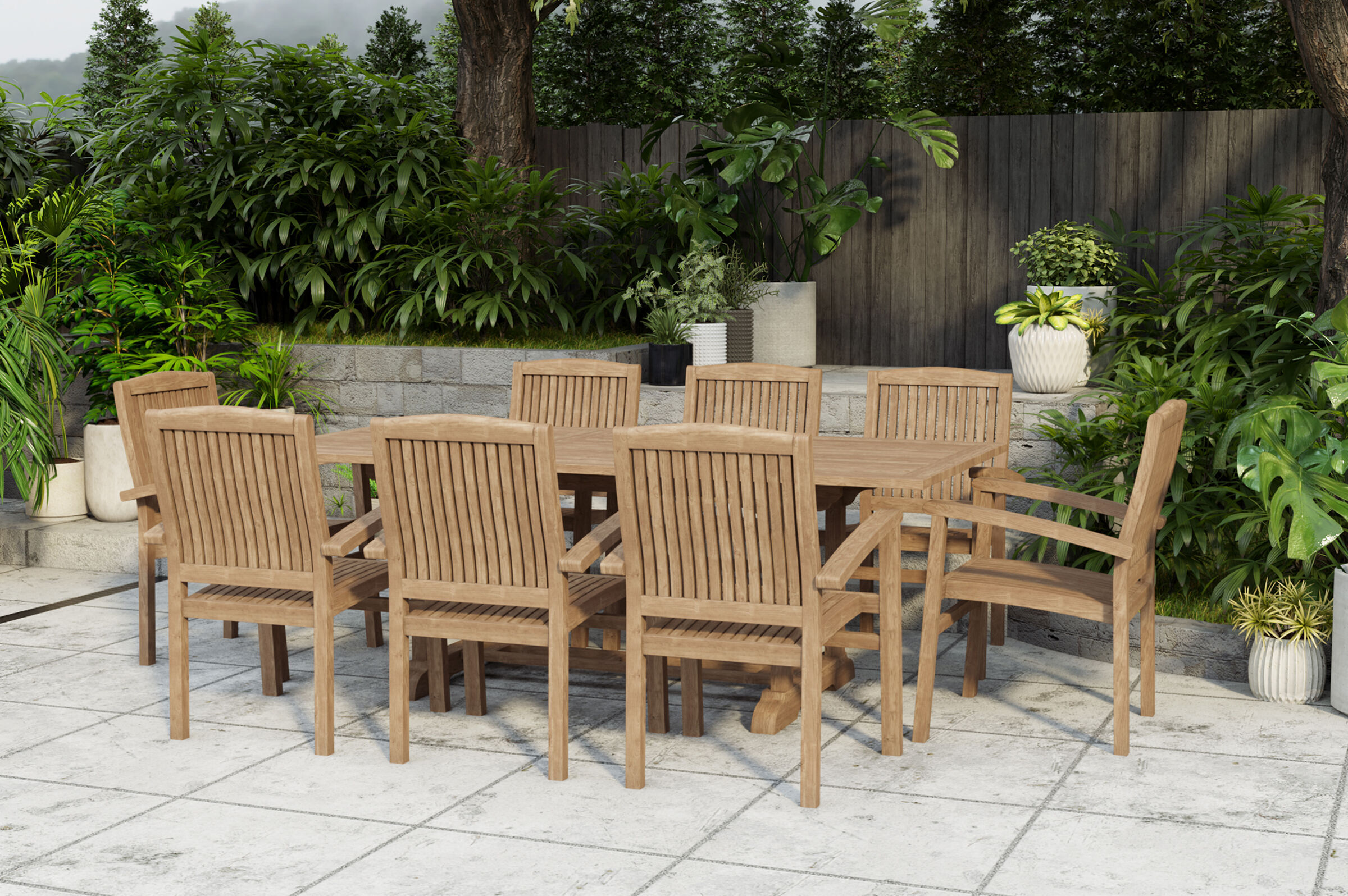 OUTFLEXX Ontario/Washington Garten-Essgruppe, natur, Teak, 160/210x90cm, 8x Stapelsessel