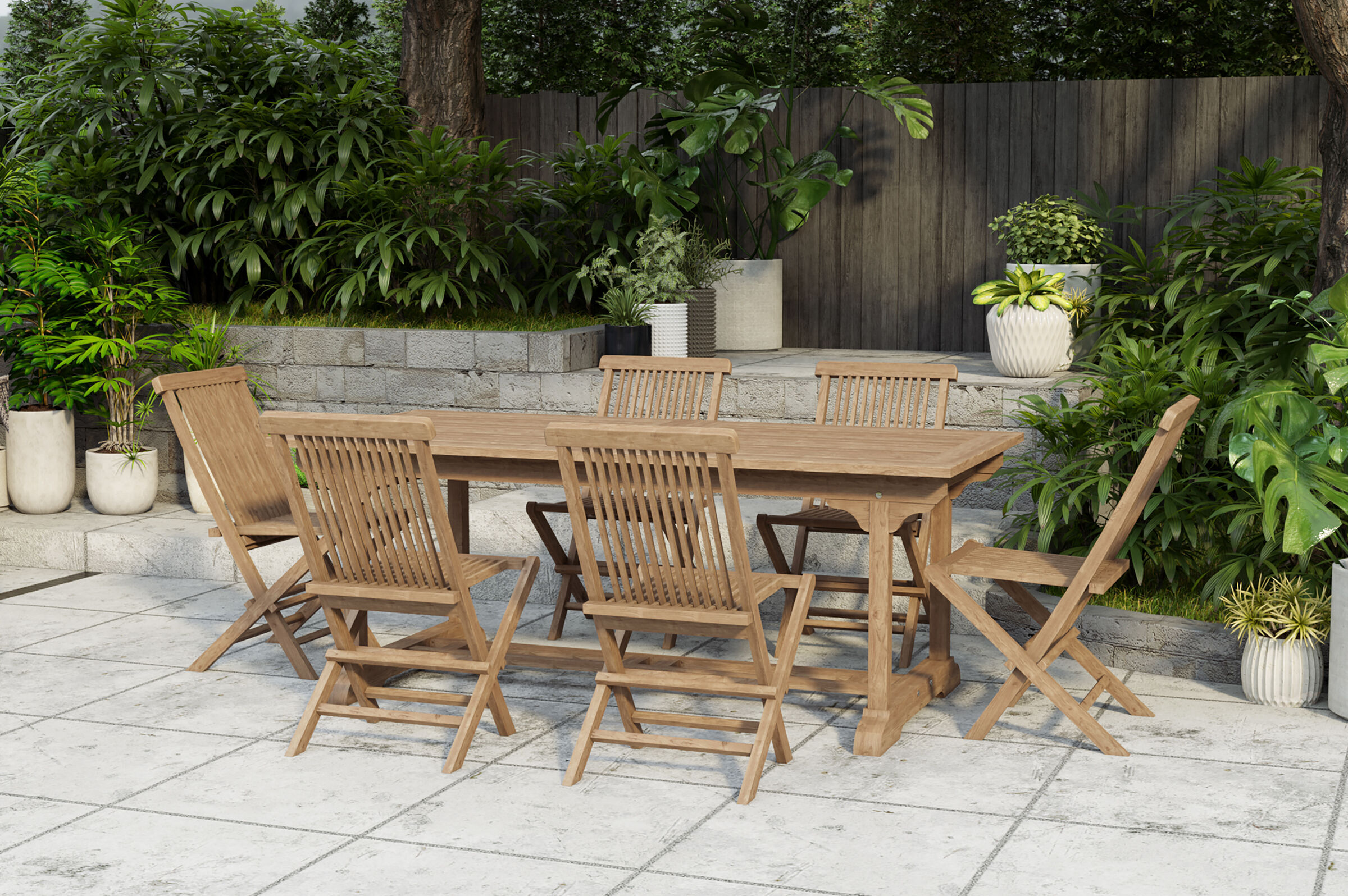 OUTFLEXX Ontario/Seattle Garten-Essgruppe, natur, Teak, 195/295 x 90 cm, 6x Klappstuhl