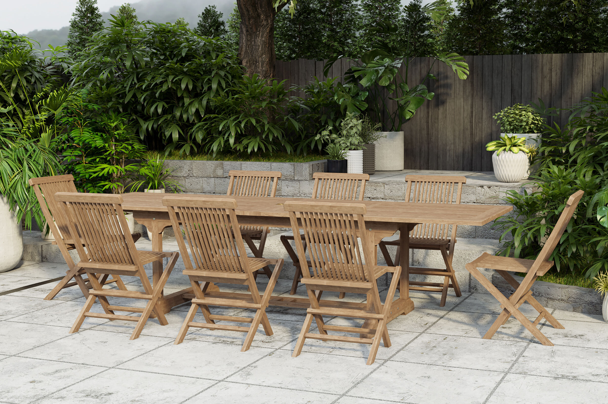 OUTFLEXX Ontario/Seattle Garten-Essgruppe, natur, Teak, 195/295 x 90 cm, 8x Klappstuhl