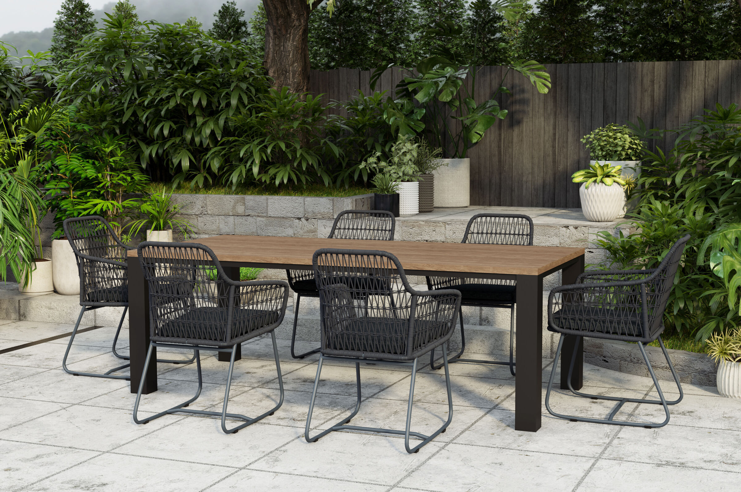 OUTFLEXX Oxford/Verona Garten-Essgruppe, anthrazit/dunkelgrau, Alu/recycled Teak/Rope, 220 x 100 cm, 6x Sessel, inkl. Polster