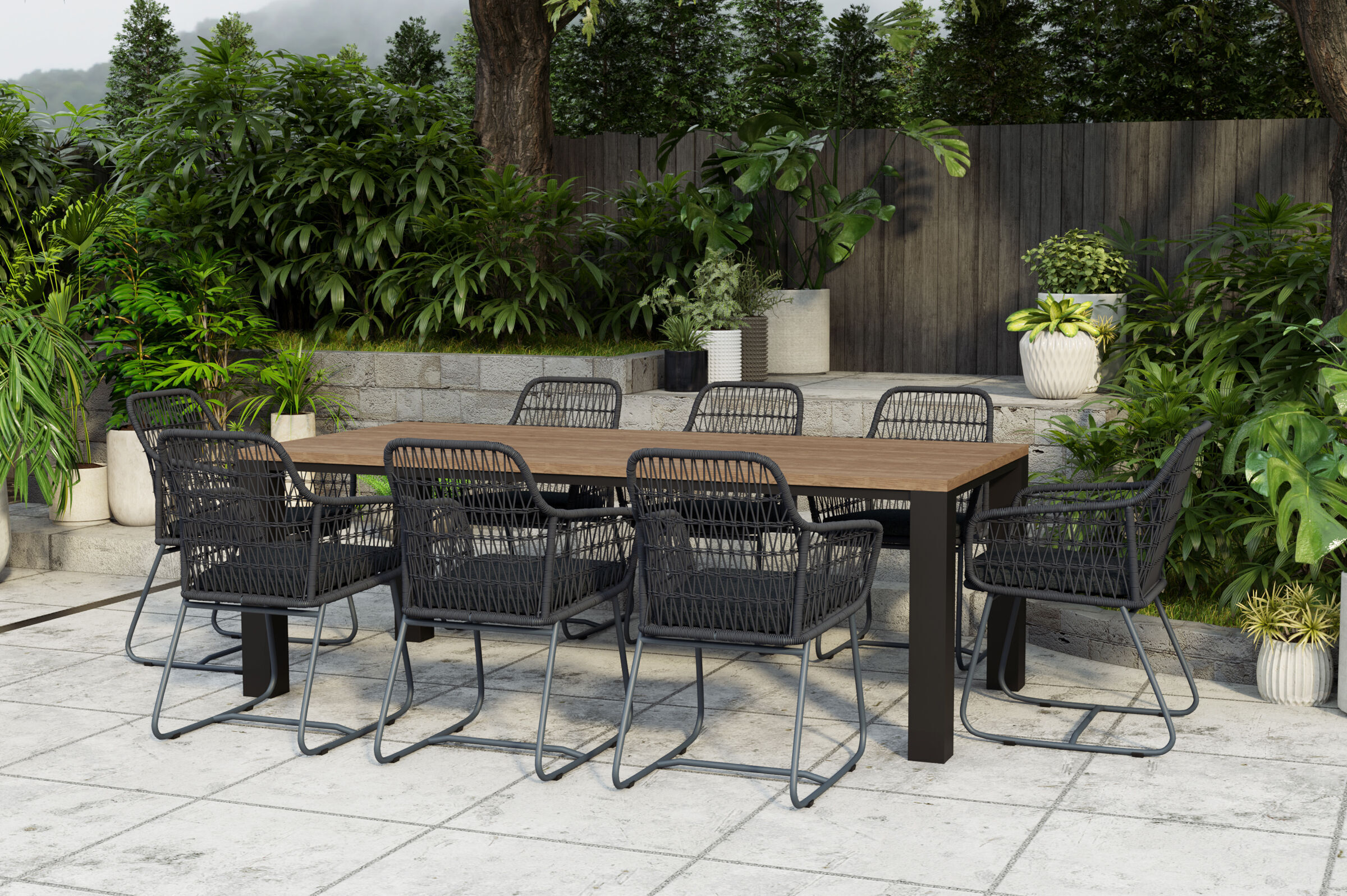 OUTFLEXX Oxford/Verona Garten-Essgruppe, anthrazit/dunkelgrau, Alu/recycled Teak/Rope, 220 x 100 cm, 8x Sessel, inkl. Polster