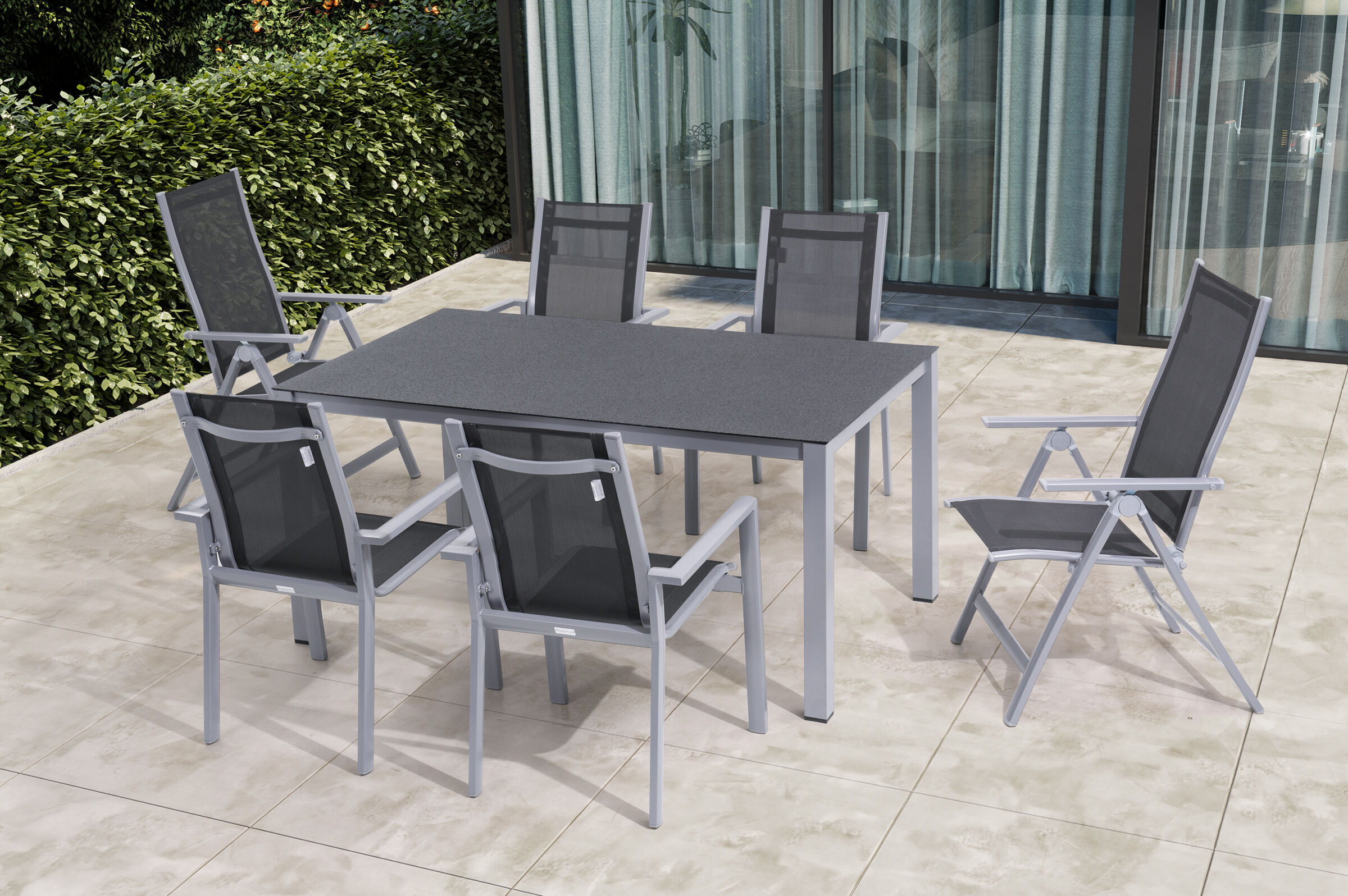 OUTFLEXX Garten-Essgruppe, silber/anthrazit, Alu/Spraystone/Textilen, 160 x 95 cm, 4 Stapelsessel, 2 Multipositionssessel