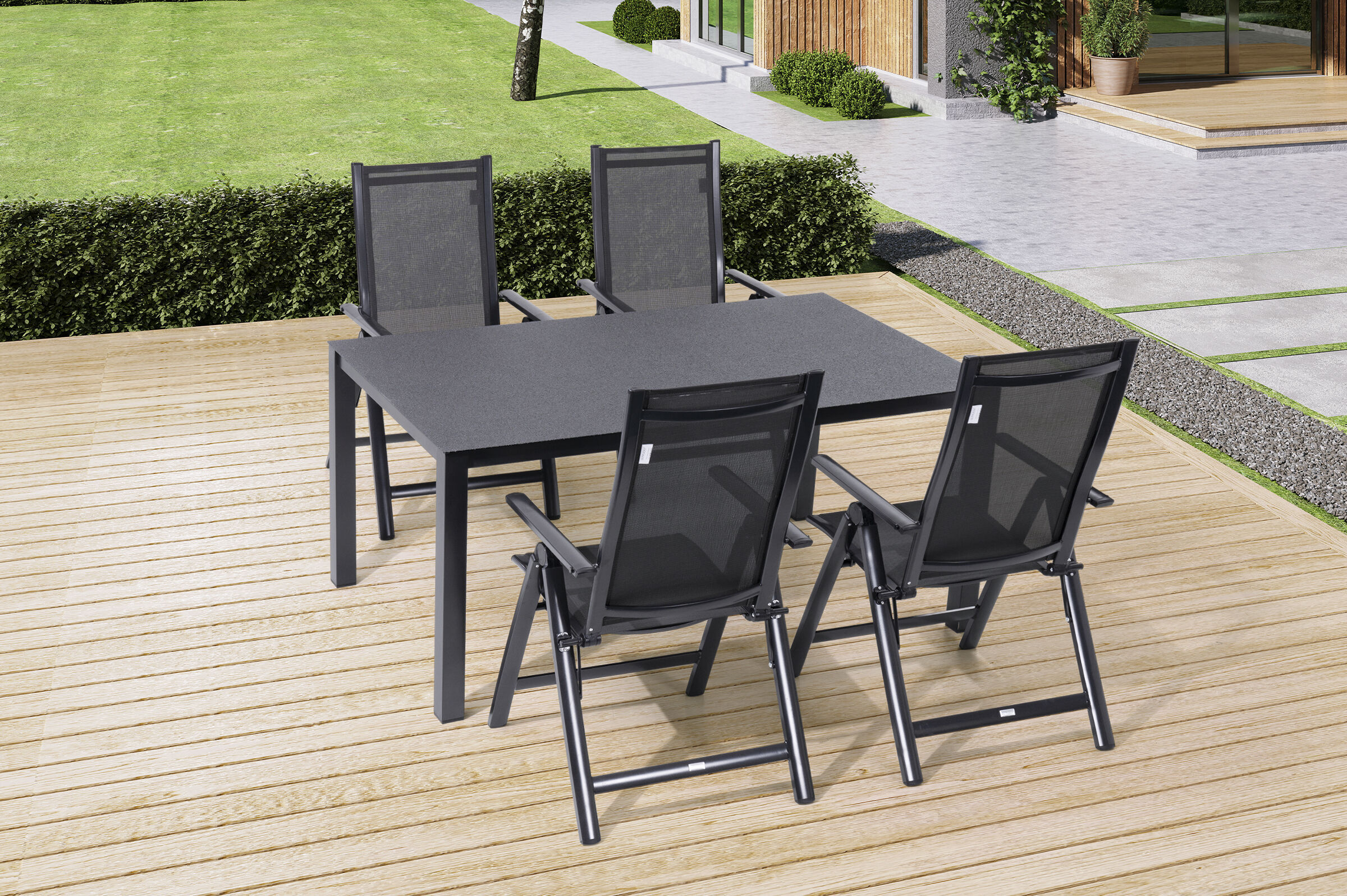 OUTFLEXX Garten-Essgruppe, anthrazit, Alu/Spraystone/Textilen, 160×95 cm, 4 Multipositionssessel