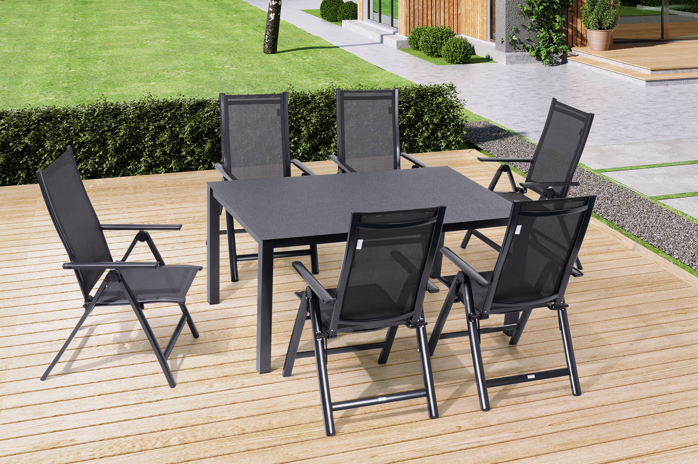 OUTFLEXX Garten-Essgruppe, anthrazit, Alu/Spraystone/Textilen, 160×95 cm, 6 Multipositionssessel