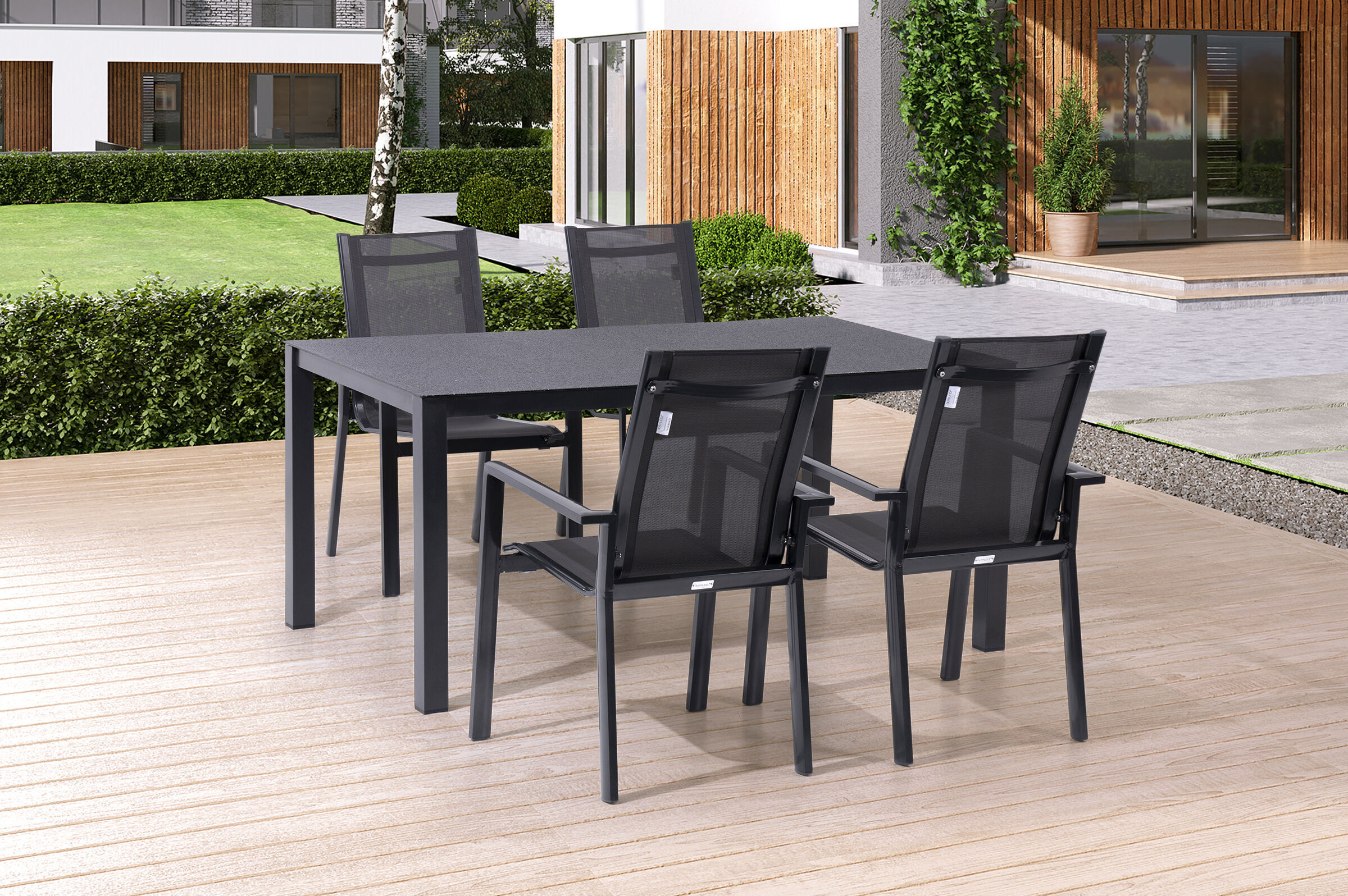 OUTFLEXX Garten-Essgruppe, anthrazit, Alu/Spraystone/Textilen, 160×95 cm, 4 Stapelsessel