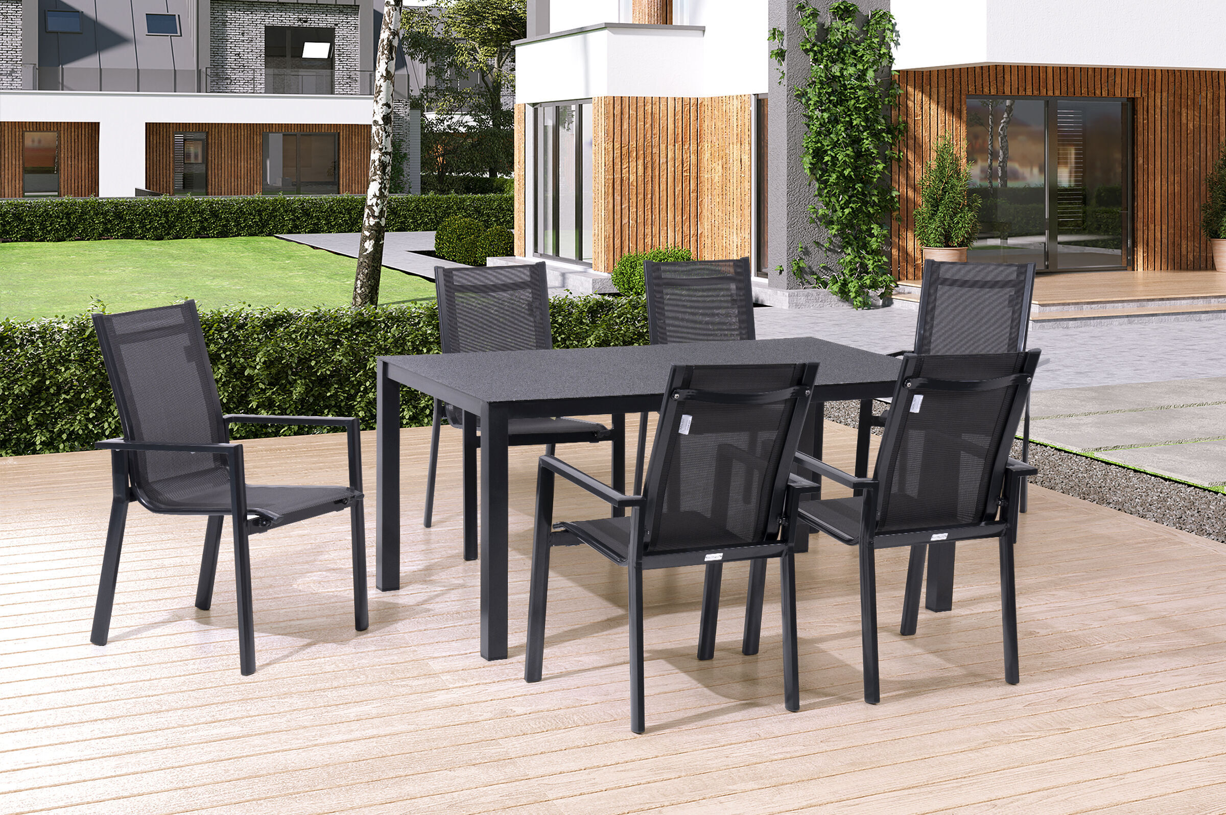 OUTFLEXX Garten-Essgruppe, anthrazit, Alu/Spraystone/Textilen, 160×95 cm, 6 Stapelsessel