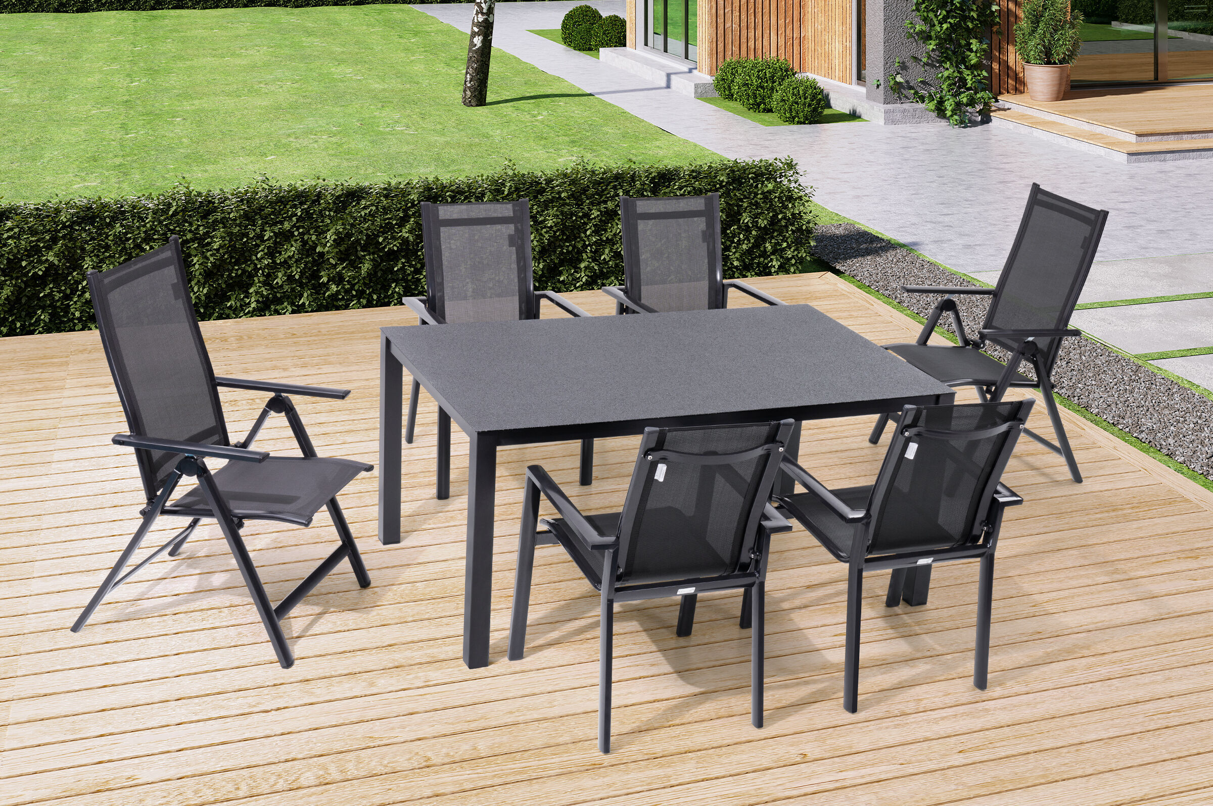 OUTFLEXX Garten-Essgruppe, anthrazit, Alu/Spraystone/Textilen, 160 x 95 cm, 4 Stapelsessel, 2 Multipositionssessel