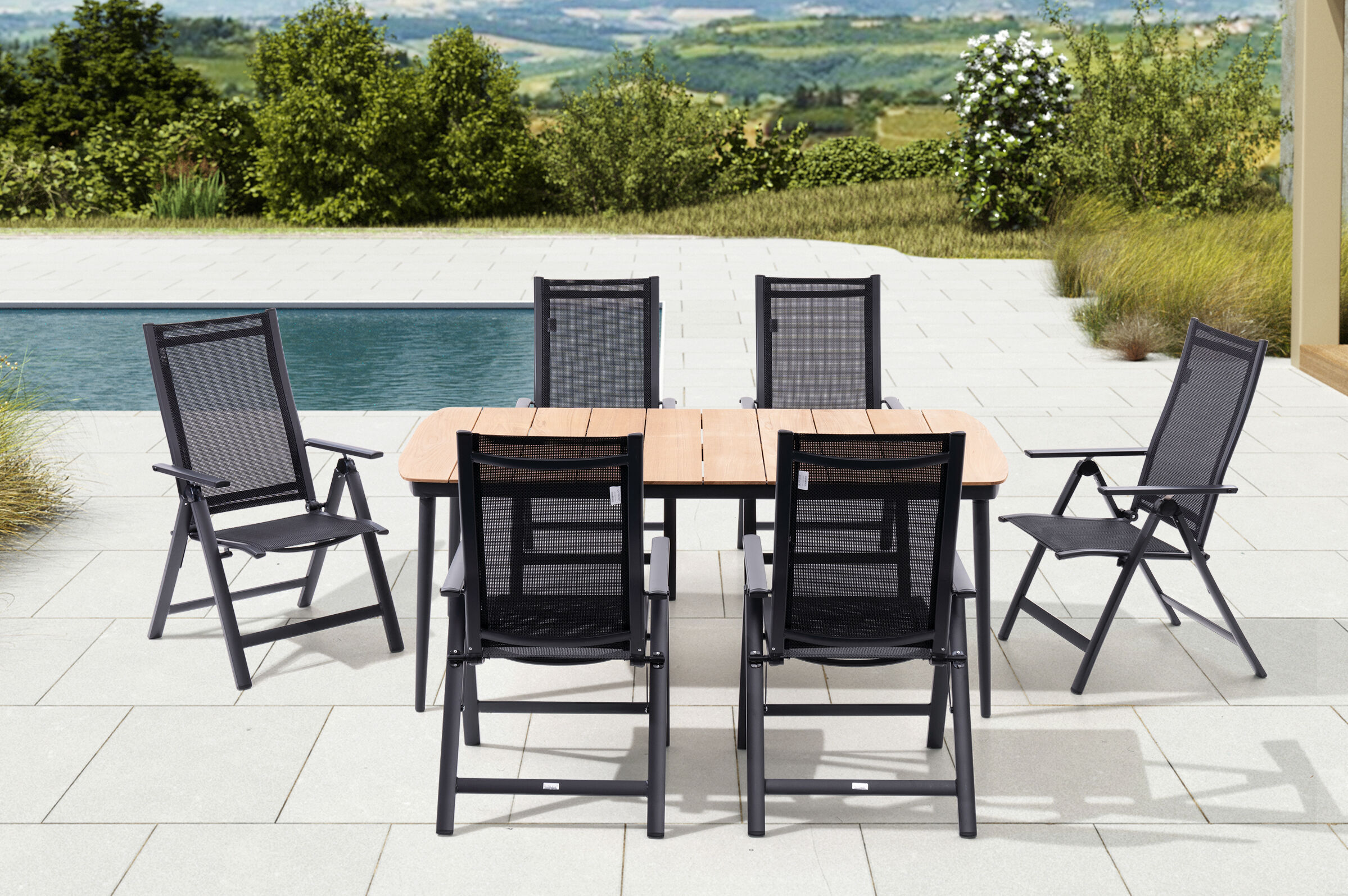 OUTFLEXX Garten-Essgruppe, anthrazit matt, Alu/Teak/Textil, 185 x 100 cm, 6 Multipositionssessel