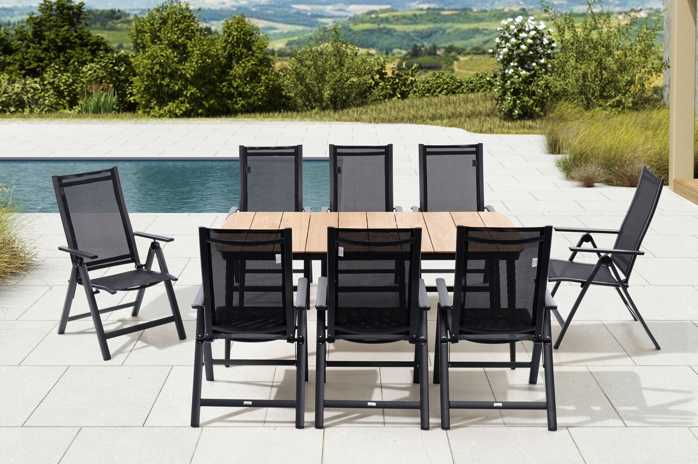 OUTFLEXX Garten-Essgruppe, anthrazit matt, Alu/Teak/Textil, 185 x 100 cm, 8 Multipositionssessel