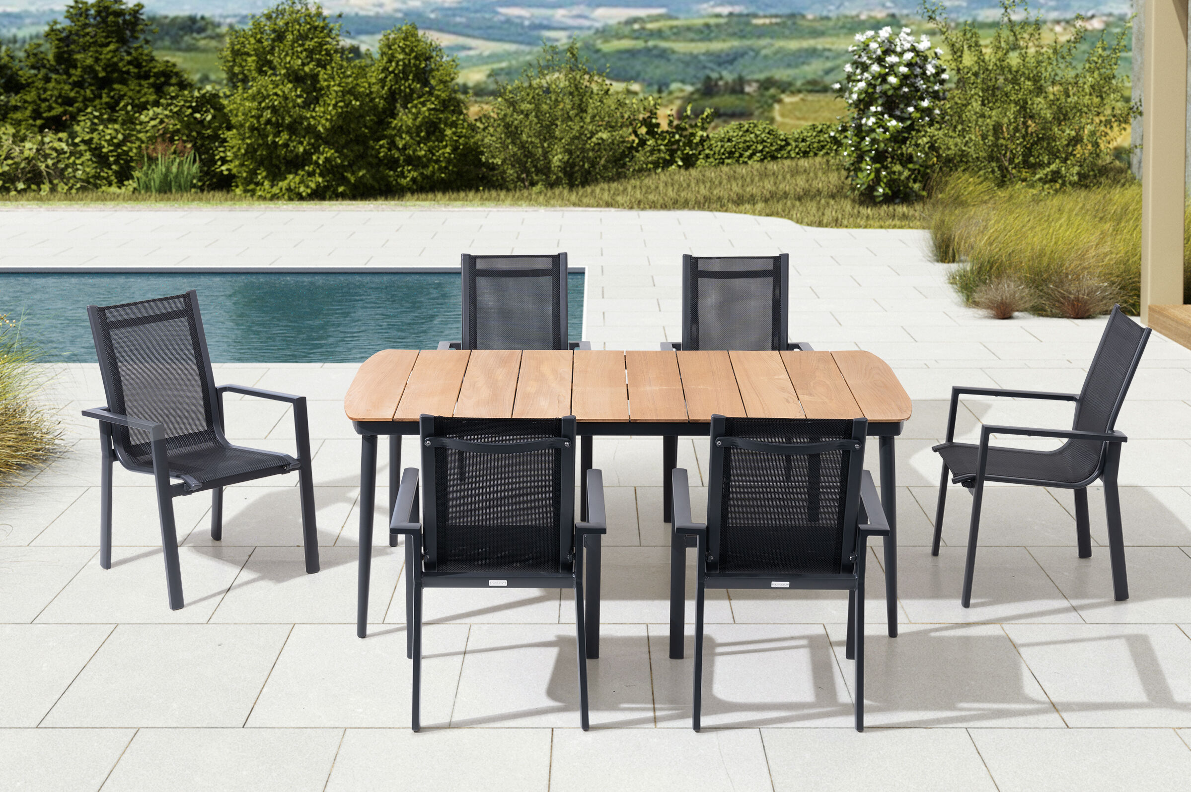 OUTFLEXX Garten-Essgruppe, anthrazit matt, Alu/Teak/Textil, 184×100 cm, 6 Stapelsessel