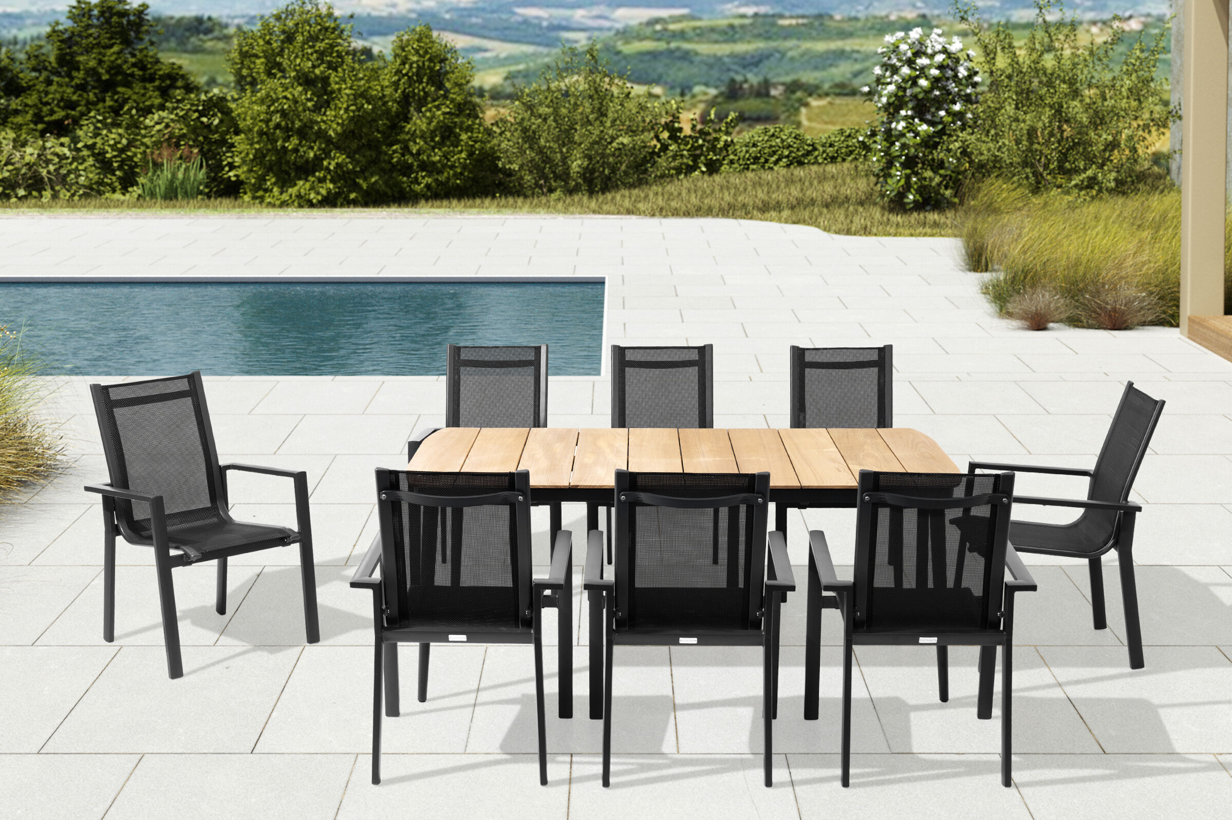 OUTFLEXX Garten-Essgruppe, anthrazit matt, Alu/Teak/Textil, 184×100 cm, 8 Stapelsessel